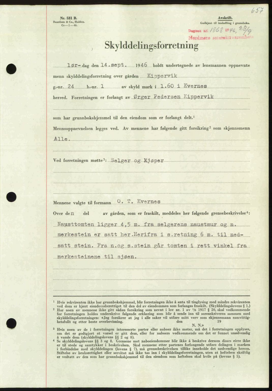 Nordmøre sorenskriveri, AV/SAT-A-4132/1/2/2Ca: Mortgage book no. A102, 1946-1946, Diary no: : 1868/1946