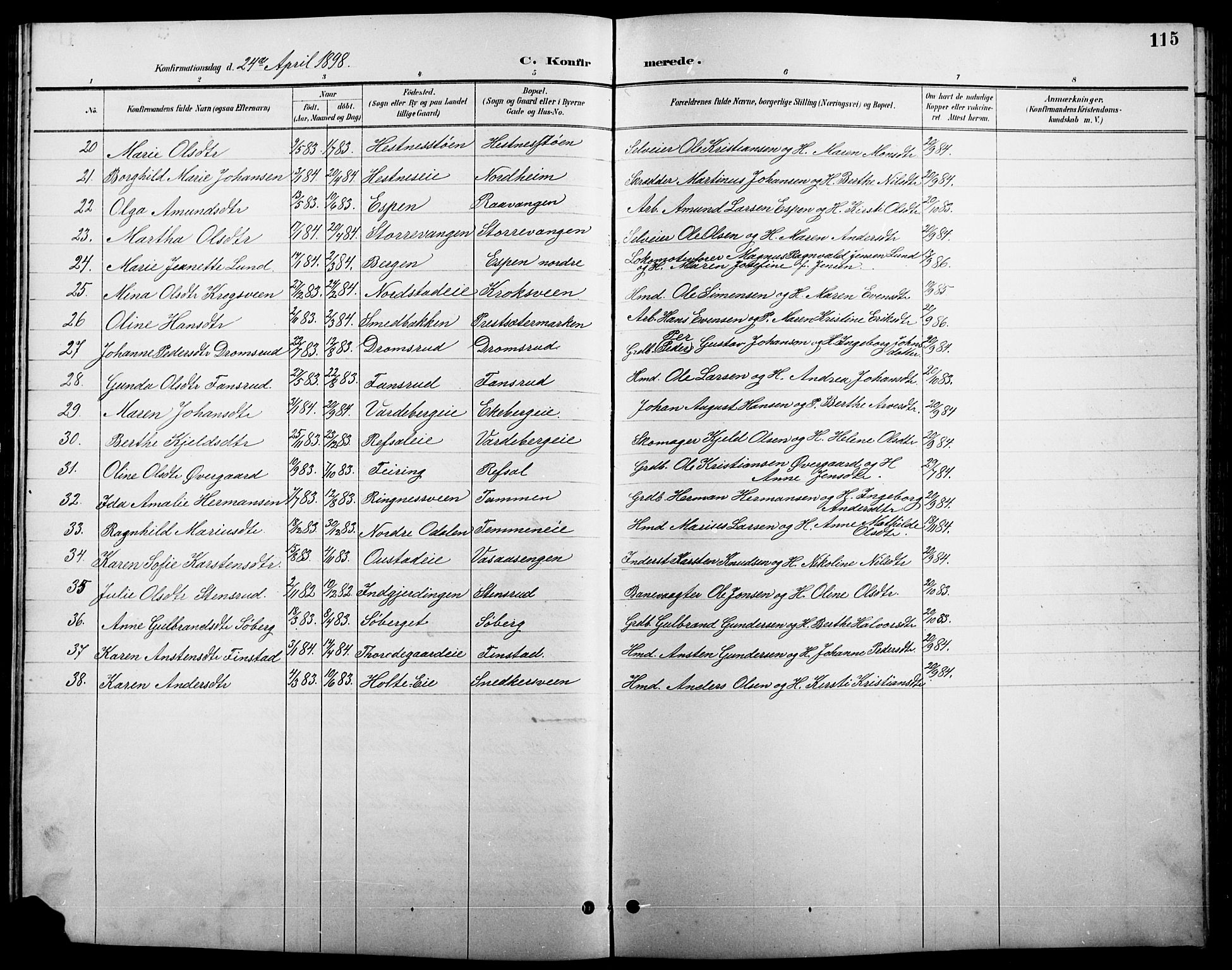 Stange prestekontor, AV/SAH-PREST-002/L/L0011: Parish register (copy) no. 11, 1895-1917, p. 115