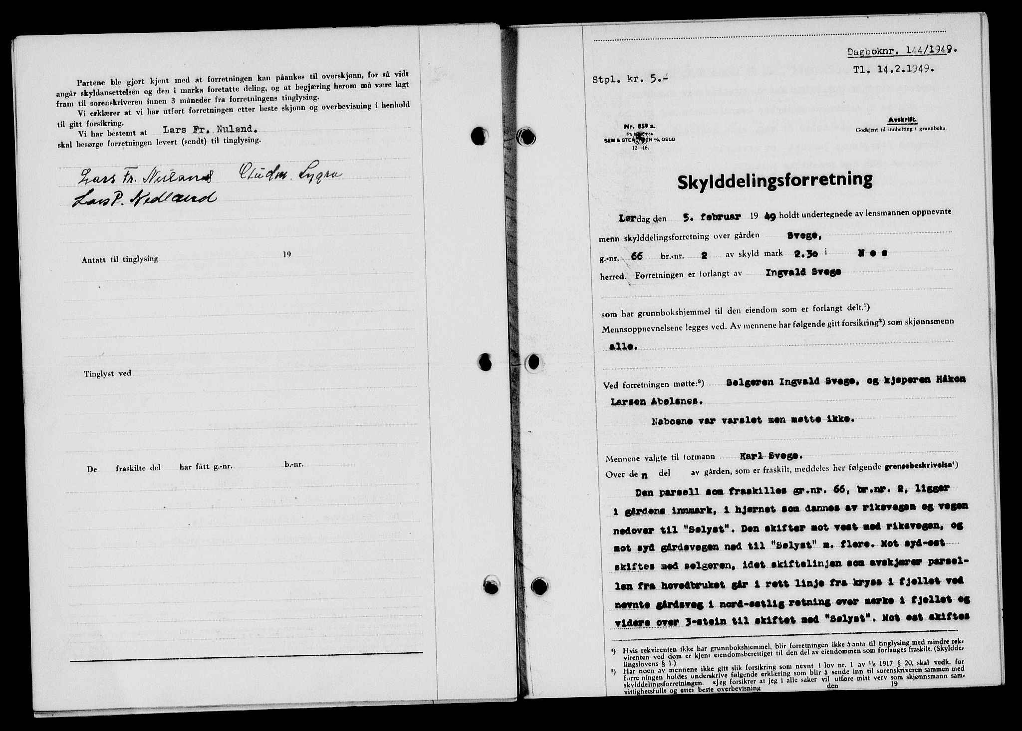 Flekkefjord sorenskriveri, SAK/1221-0001/G/Gb/Gba/L0064: Mortgage book no. A-12, 1948-1949, Diary no: : 144/1949