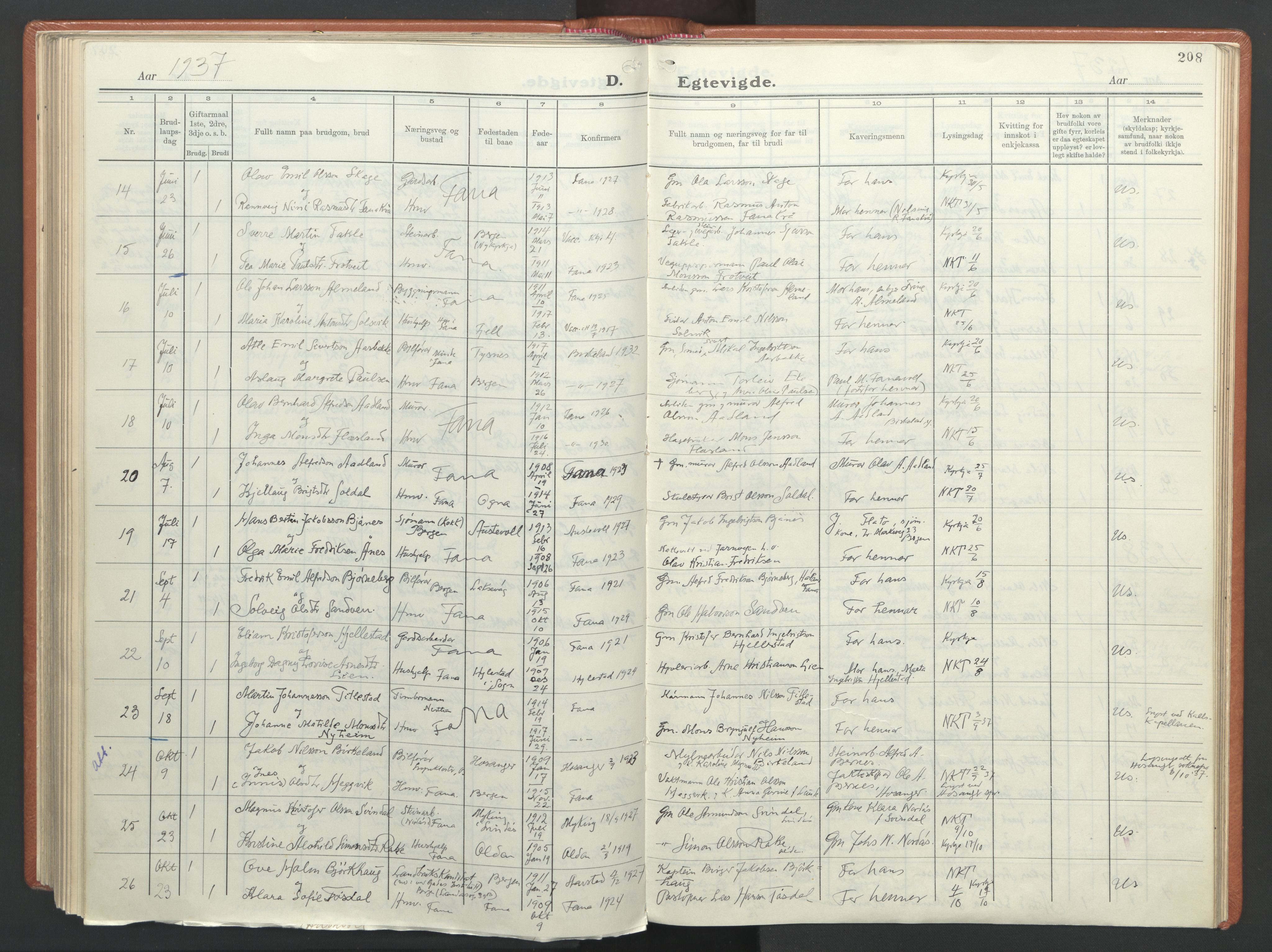 Fana Sokneprestembete, AV/SAB-A-75101/H/Haa/Haab/L0007: Parish register (official) no. B 7, 1934-1947, p. 208