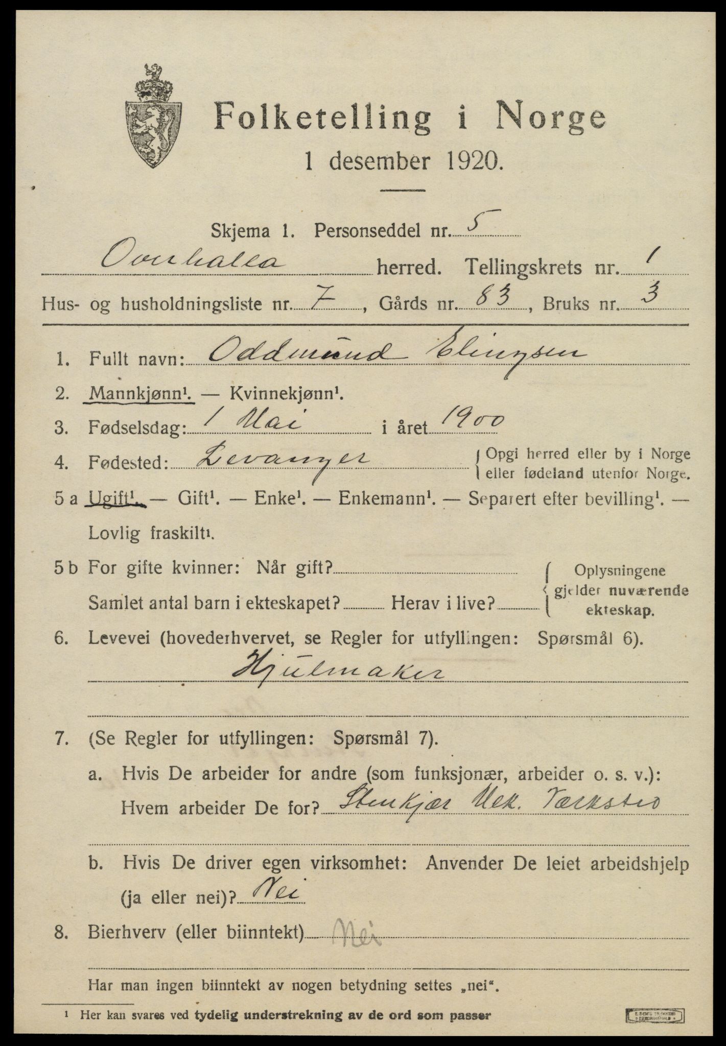 SAT, 1920 census for Overhalla, 1920, p. 1020