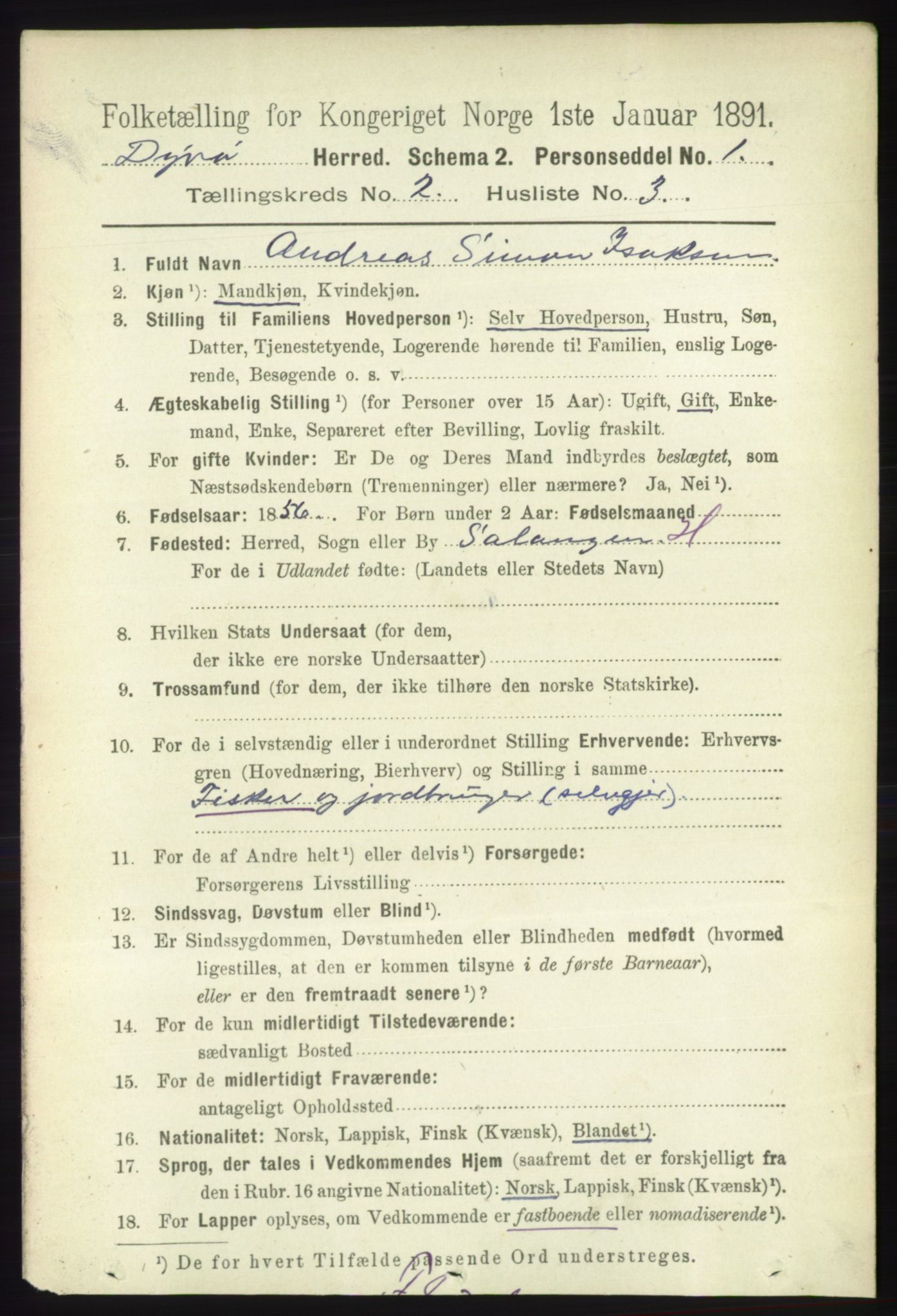 RA, 1891 census for 1926 Dyrøy, 1891, p. 545