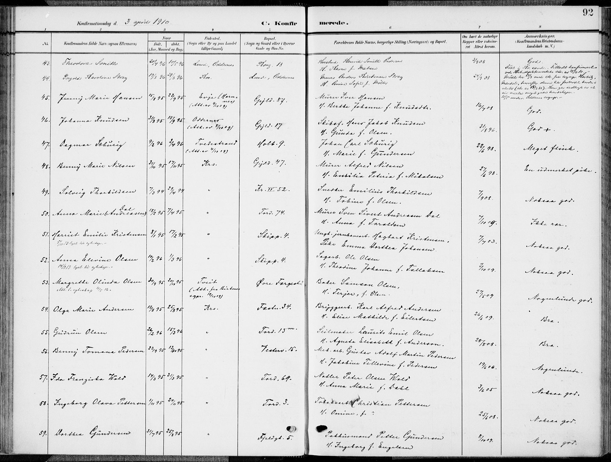 Kristiansand domprosti, AV/SAK-1112-0006/F/Fa/L0022: Parish register (official) no. A 21, 1905-1916, p. 92