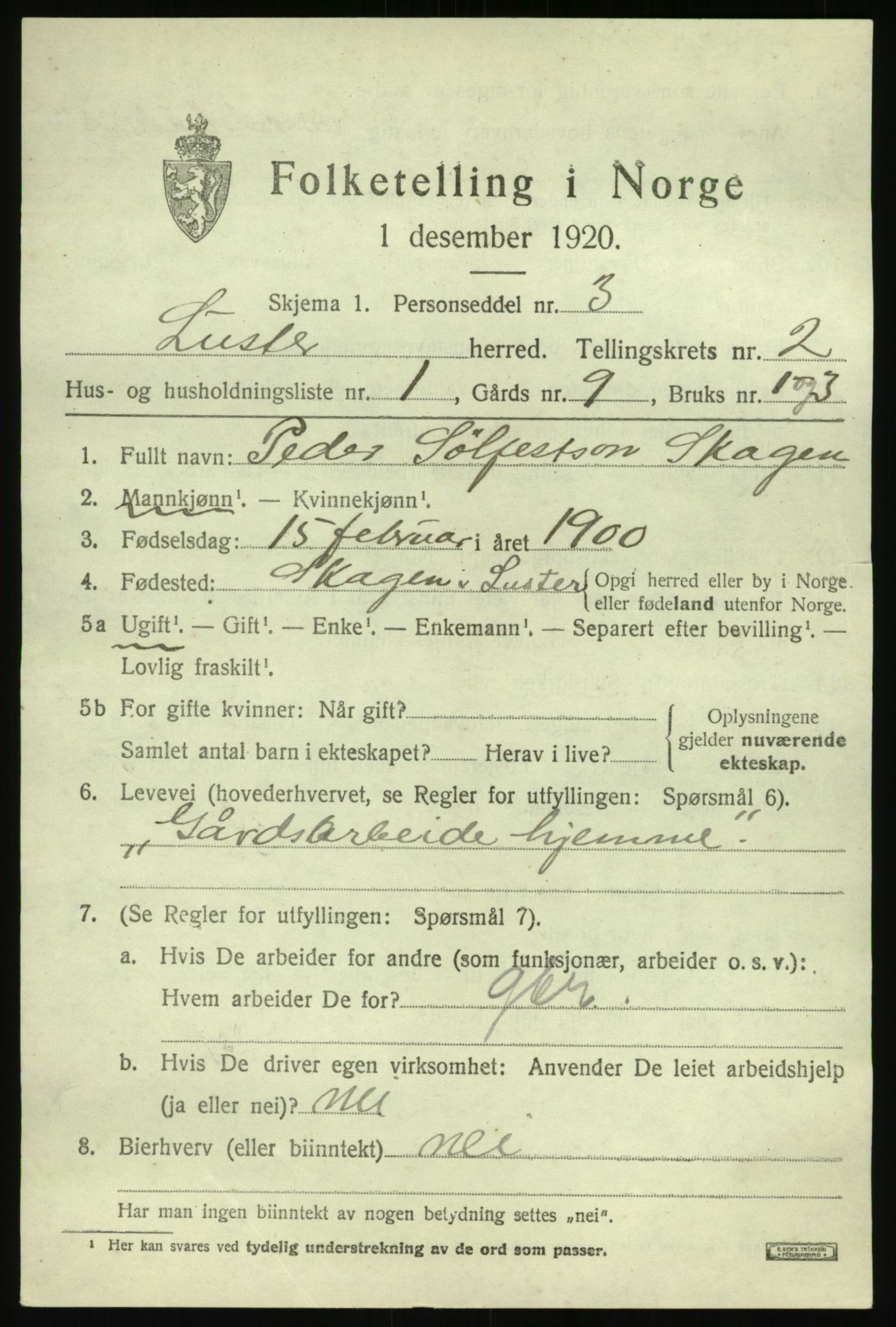 SAB, 1920 census for Luster, 1920, p. 1584