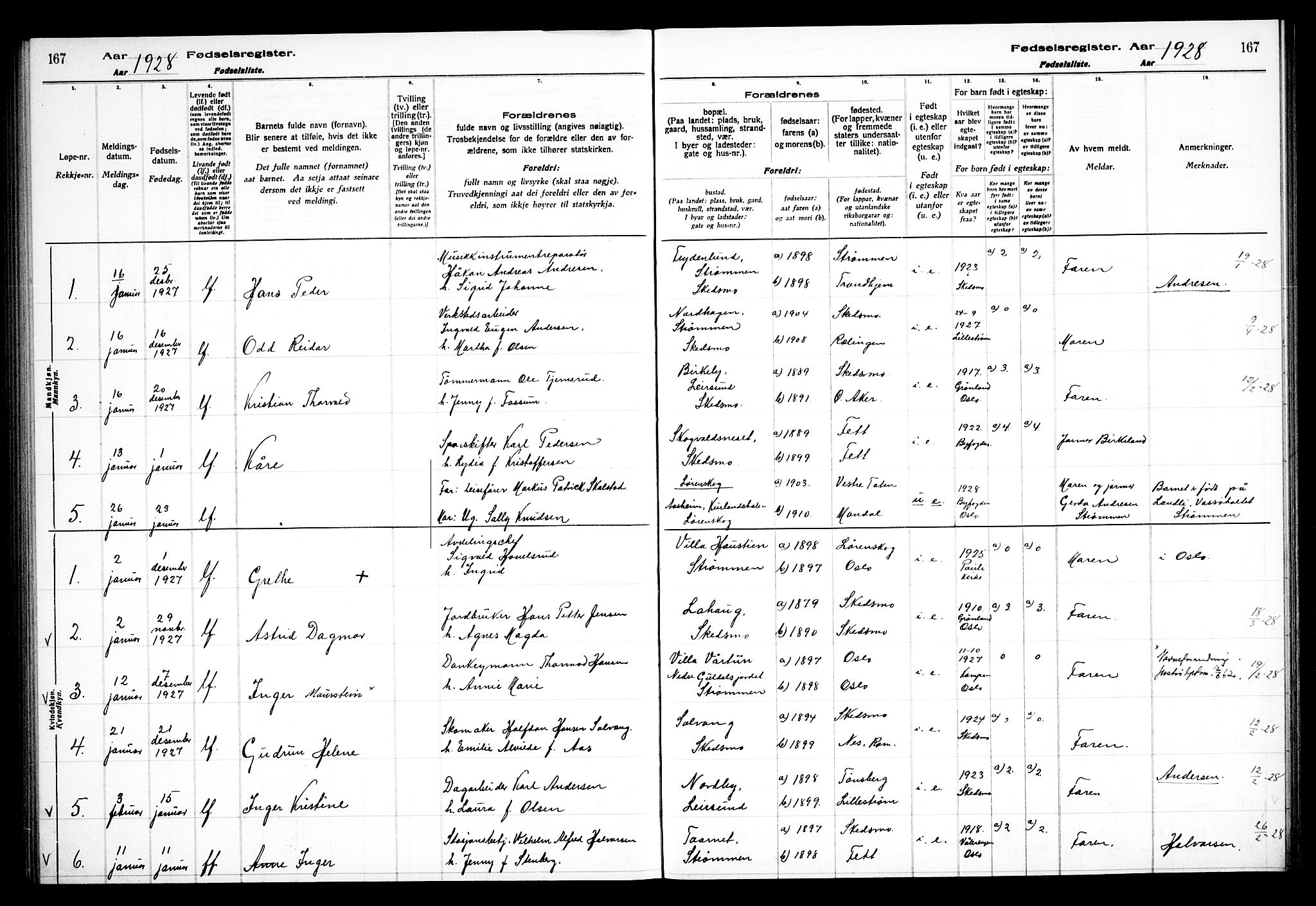 Skedsmo prestekontor Kirkebøker, AV/SAO-A-10033a/J/Ja/L0001: Birth register no. I 1, 1916-1931, p. 167