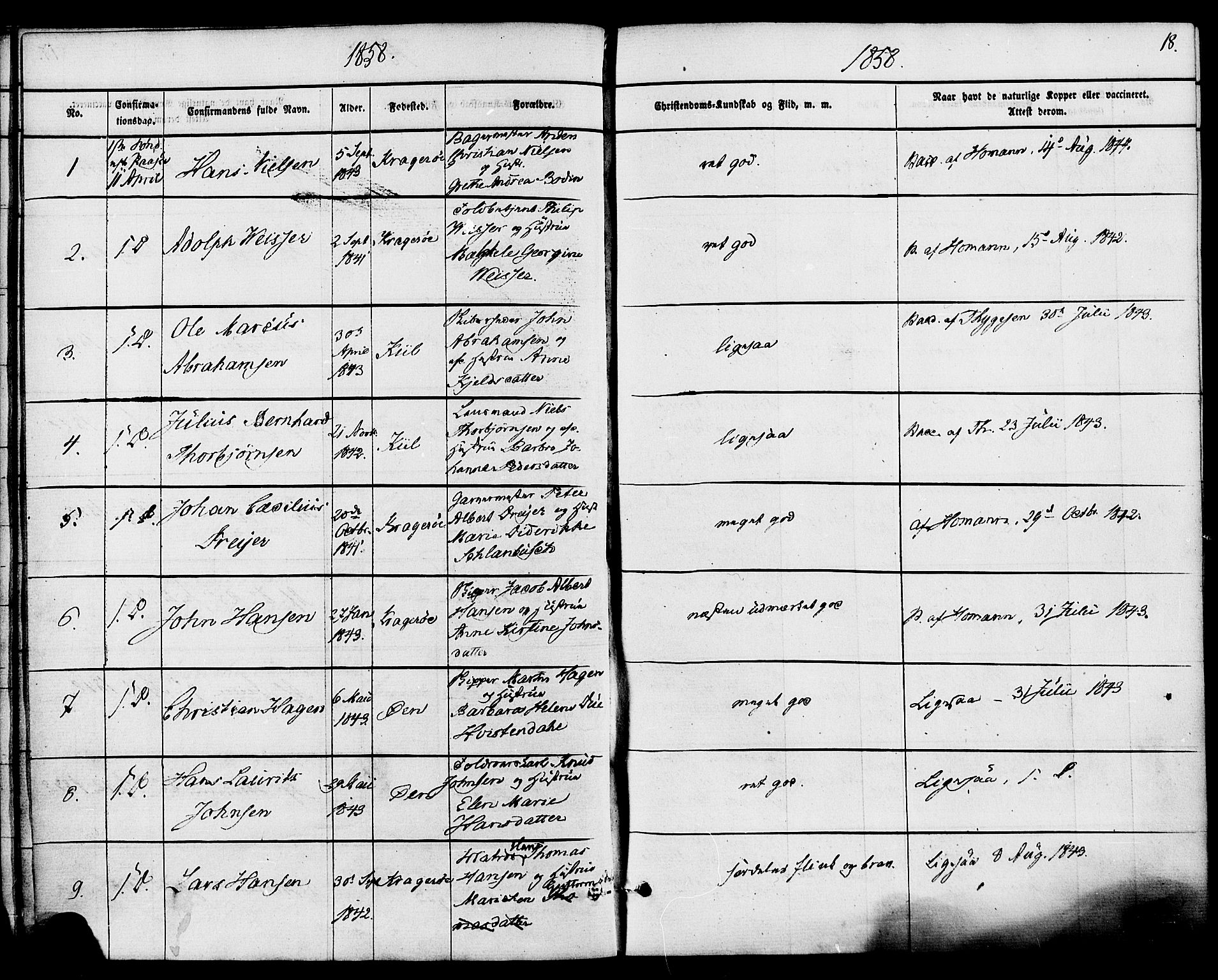 Kragerø kirkebøker, SAKO/A-278/F/Fa/L0008: Parish register (official) no. 8, 1856-1880, p. 18