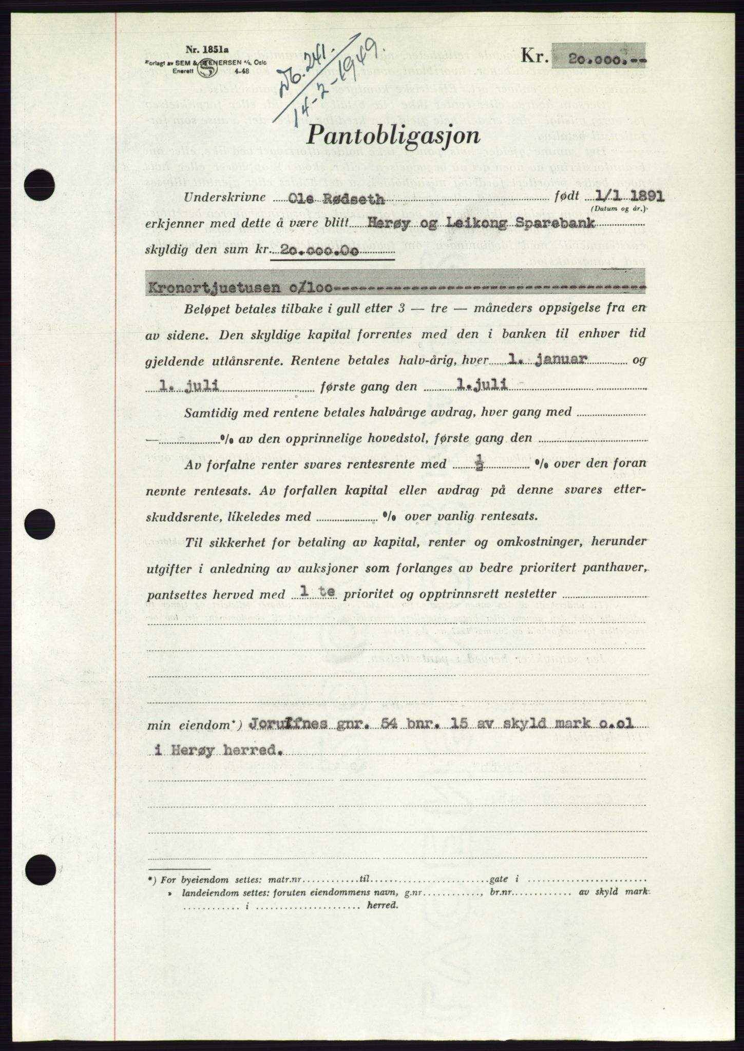 Søre Sunnmøre sorenskriveri, AV/SAT-A-4122/1/2/2C/L0116: Mortgage book no. 4B, 1948-1949, Diary no: : 241/1949