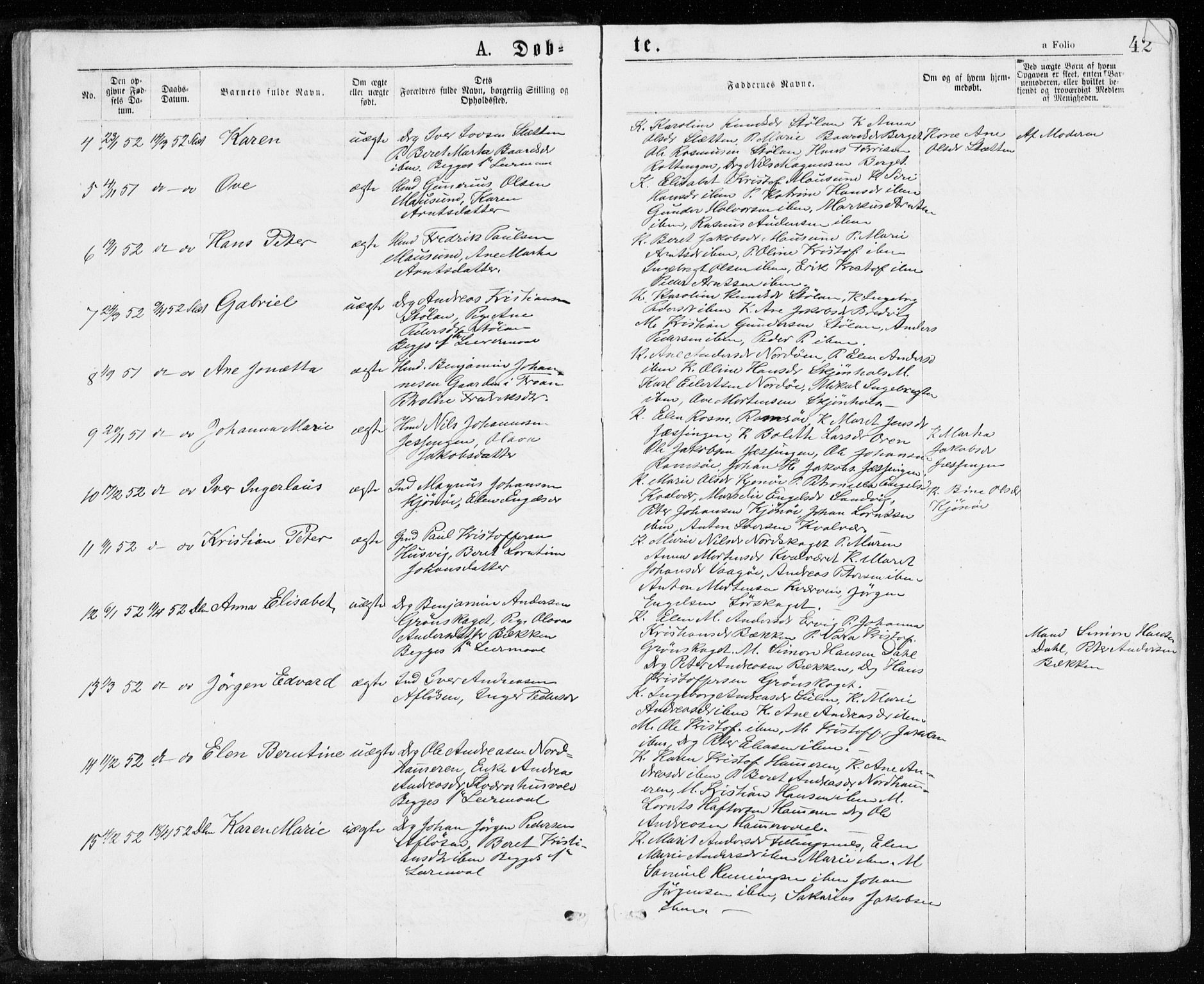 Ministerialprotokoller, klokkerbøker og fødselsregistre - Sør-Trøndelag, SAT/A-1456/640/L0576: Parish register (official) no. 640A01, 1846-1876, p. 42