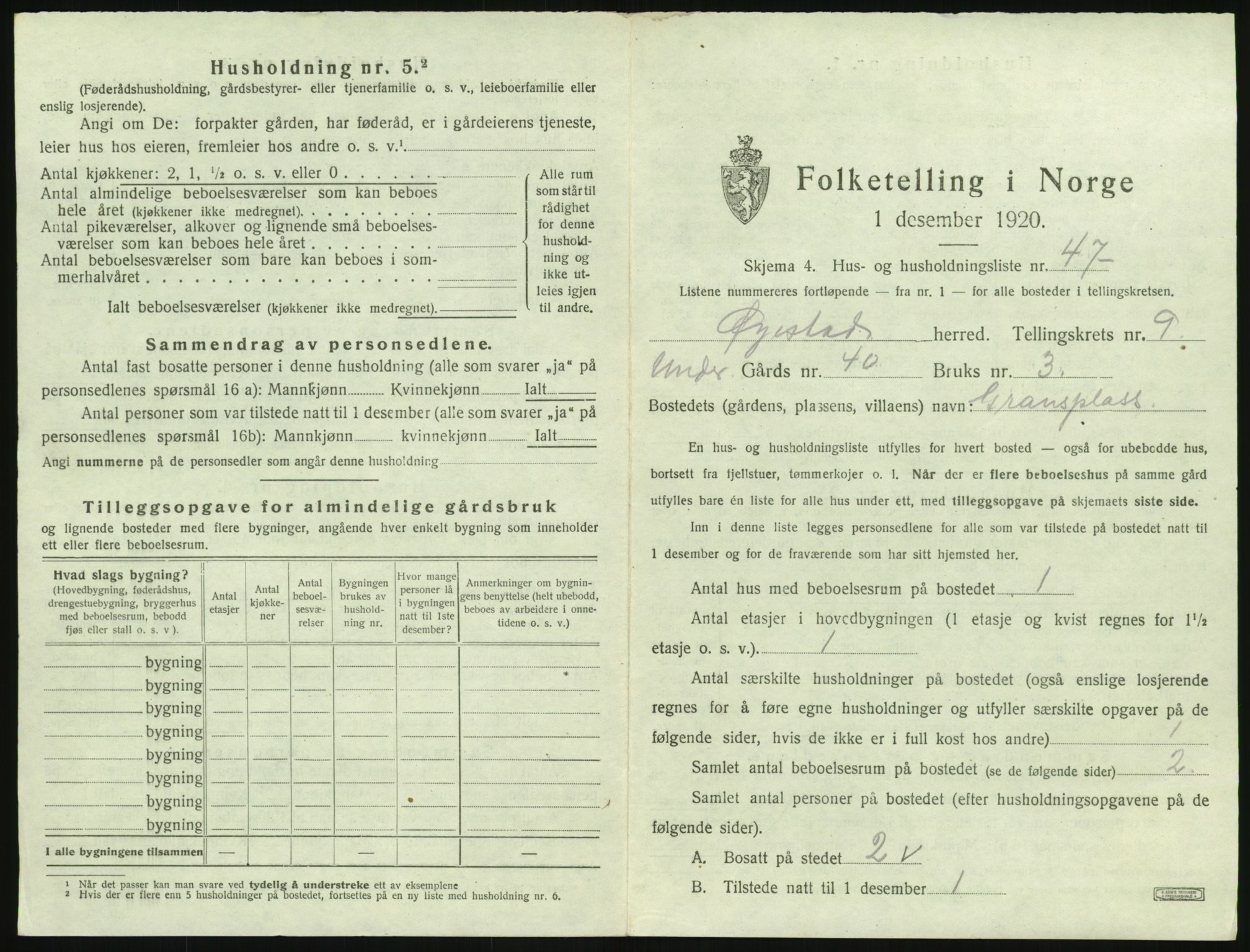 SAK, 1920 census for Øyestad, 1920, p. 976