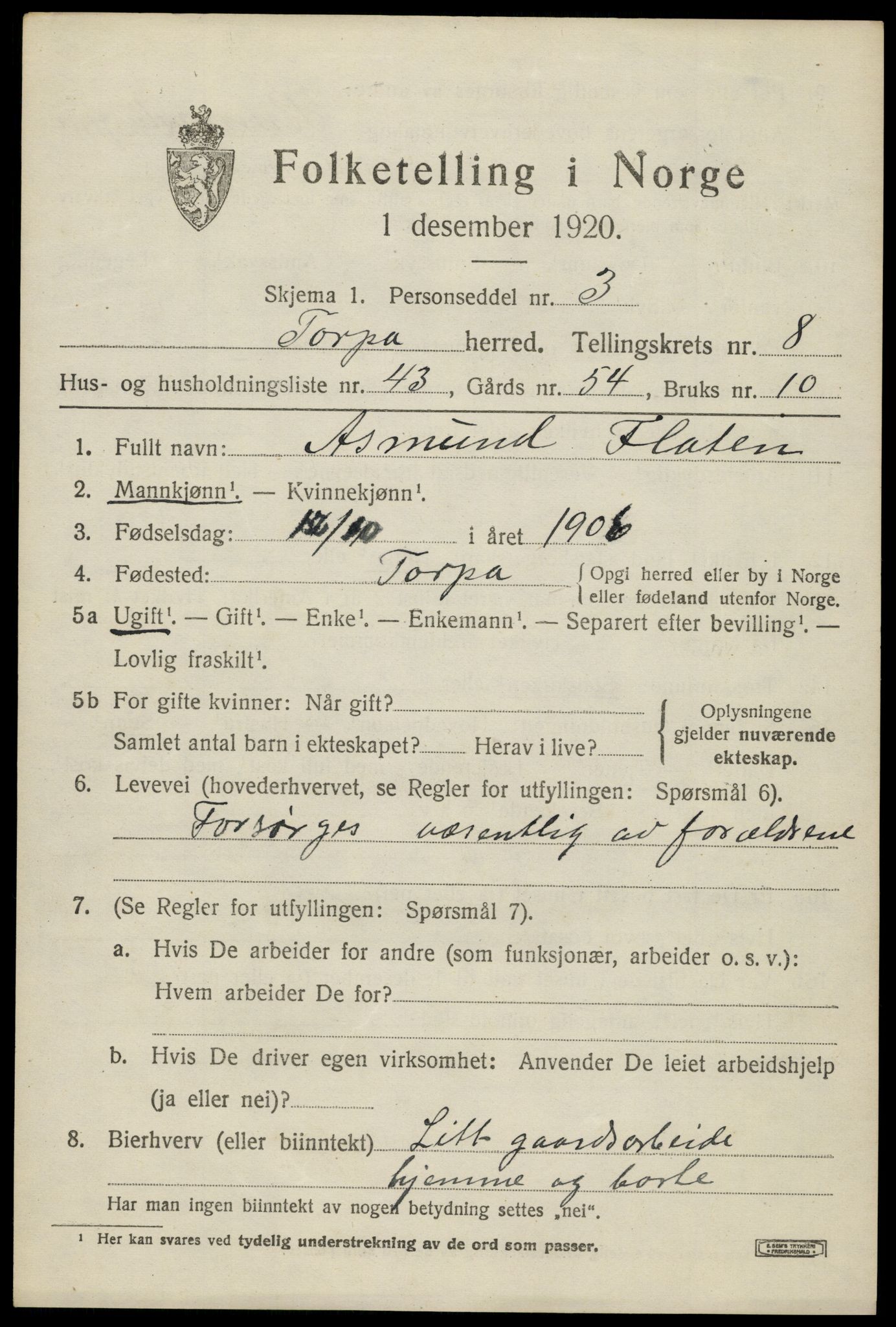 SAH, 1920 census for Torpa, 1920, p. 5045