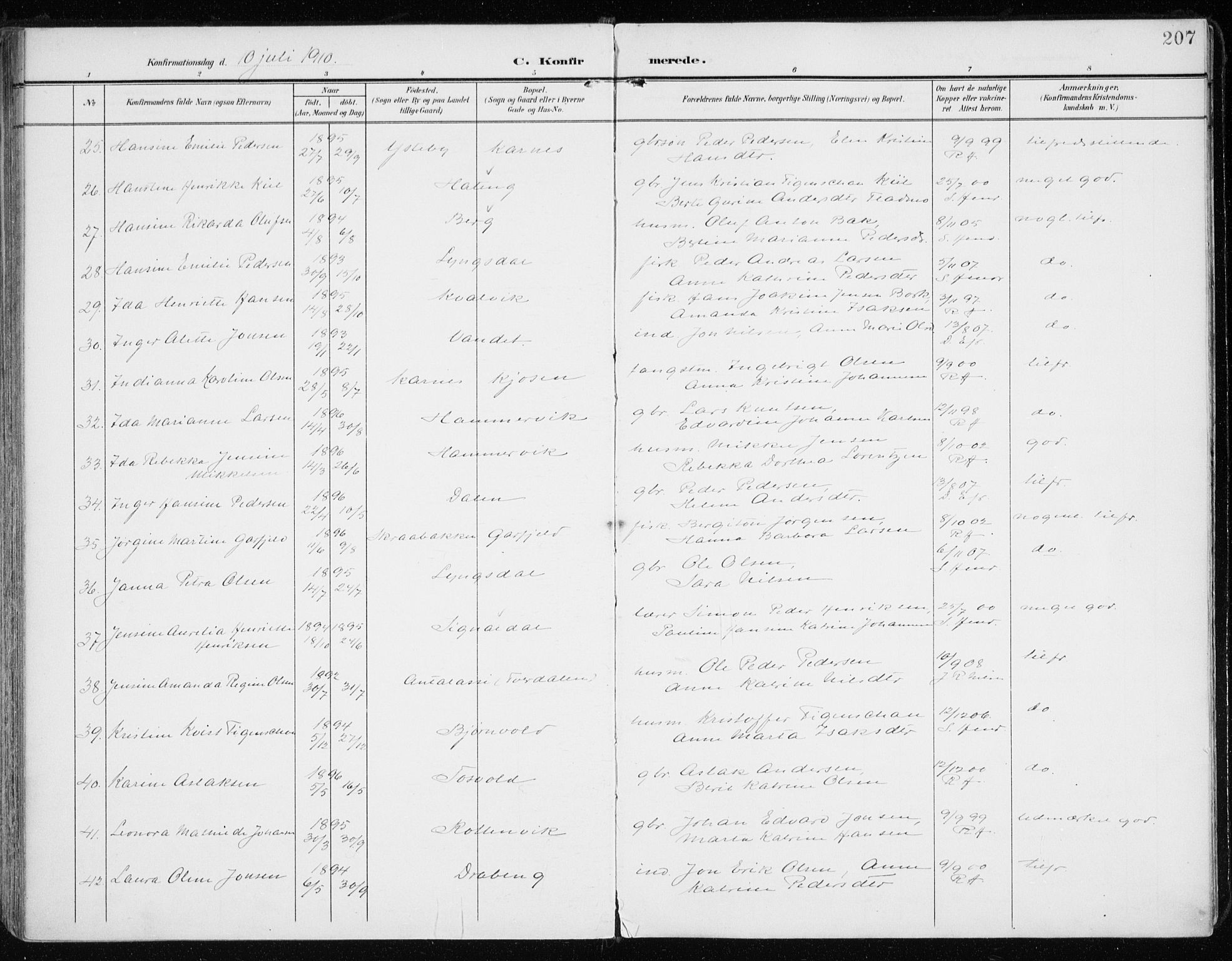 Lyngen sokneprestembete, AV/SATØ-S-1289/H/He/Hea/L0011kirke: Parish register (official) no. 11, 1903-1913, p. 207