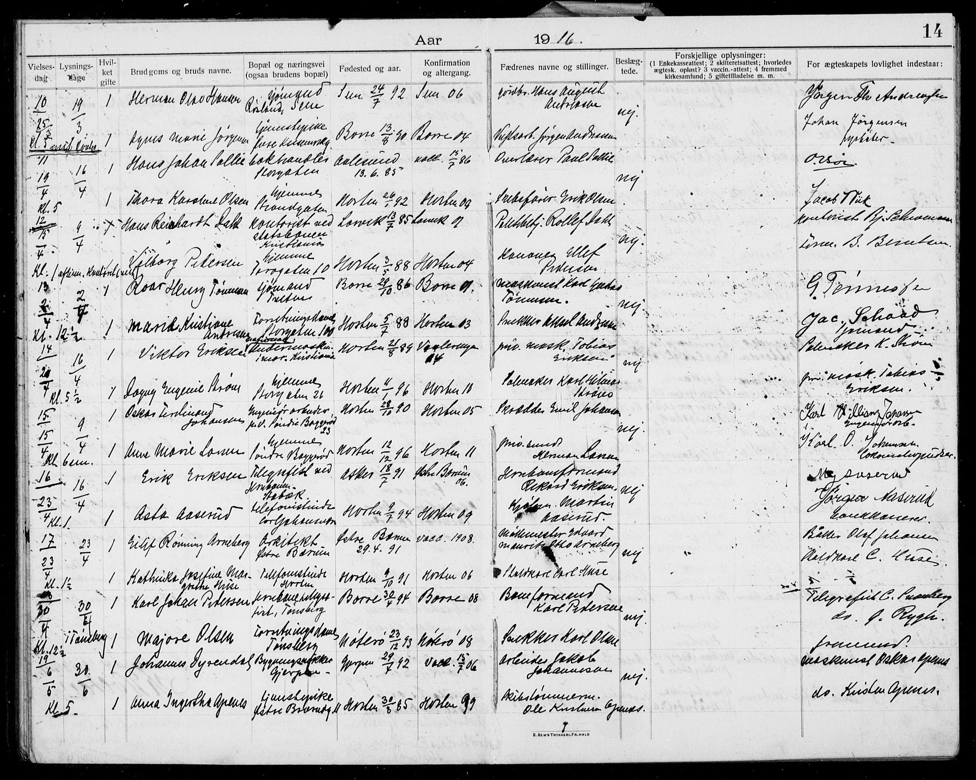 Horten kirkebøker, AV/SAKO-A-348/H/Ha/L0005: Banns register no. 5, 1914-1923, p. 14