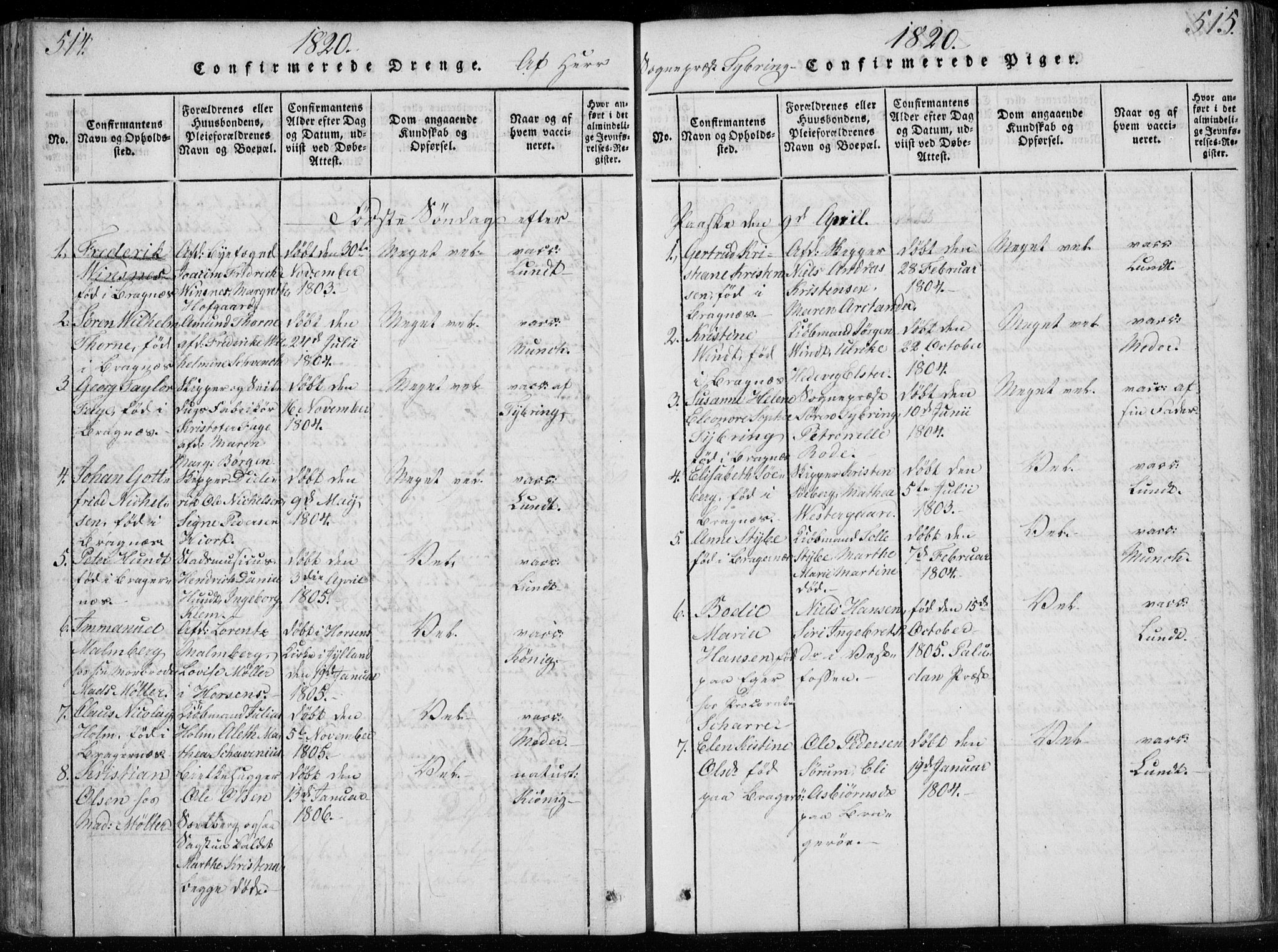 Bragernes kirkebøker, SAKO/A-6/F/Fa/L0007: Parish register (official) no. I 7, 1815-1829, p. 514-515