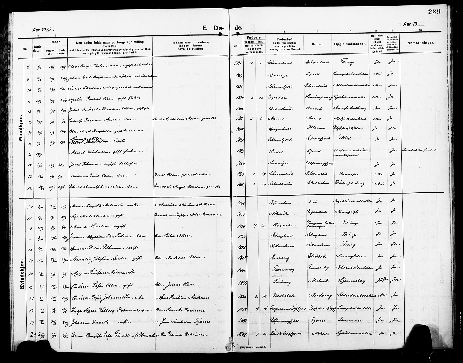 Ministerialprotokoller, klokkerbøker og fødselsregistre - Nordland, AV/SAT-A-1459/859/L0861: Parish register (copy) no. 859C07, 1910-1925, p. 239