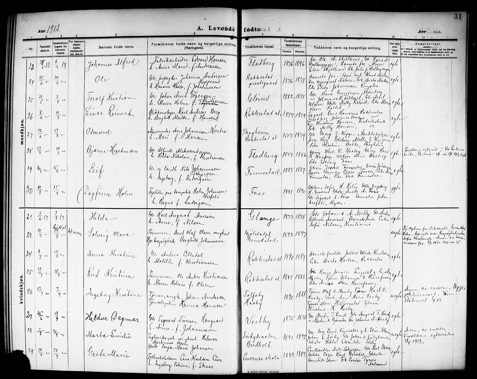 Rakkestad prestekontor Kirkebøker, AV/SAO-A-2008/G/Ga/L0001: Parish register (copy) no. I 1, 1909-1920, p. 31