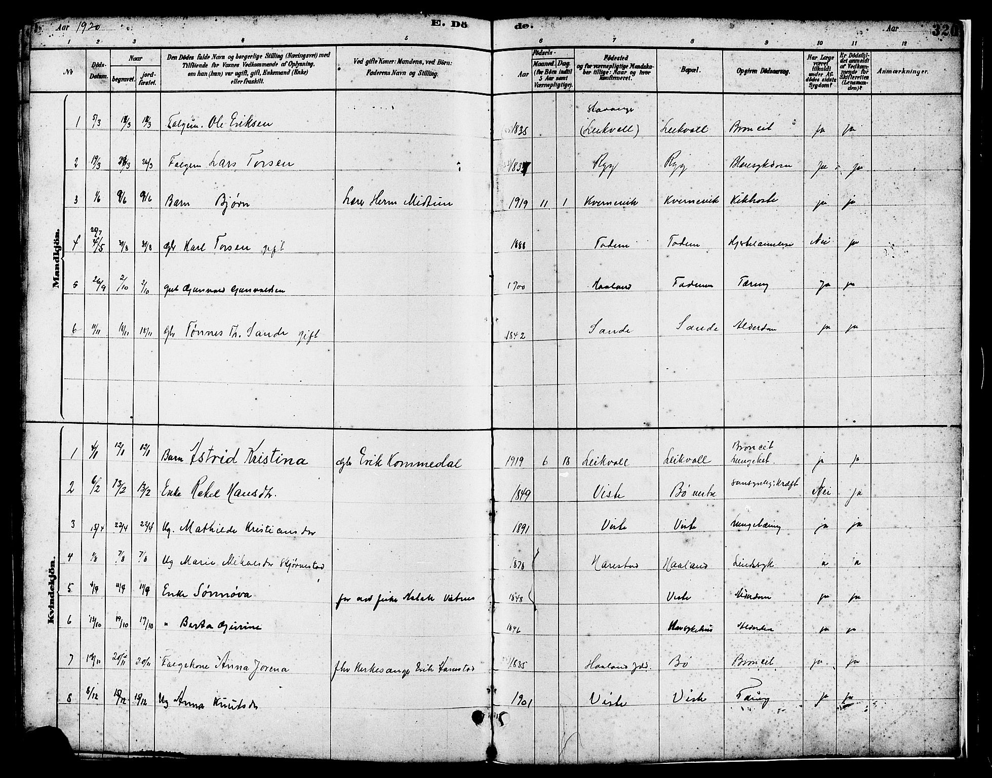 Hetland sokneprestkontor, SAST/A-101826/30/30BB/L0006: Parish register (copy) no. B 6, 1878-1921, p. 320