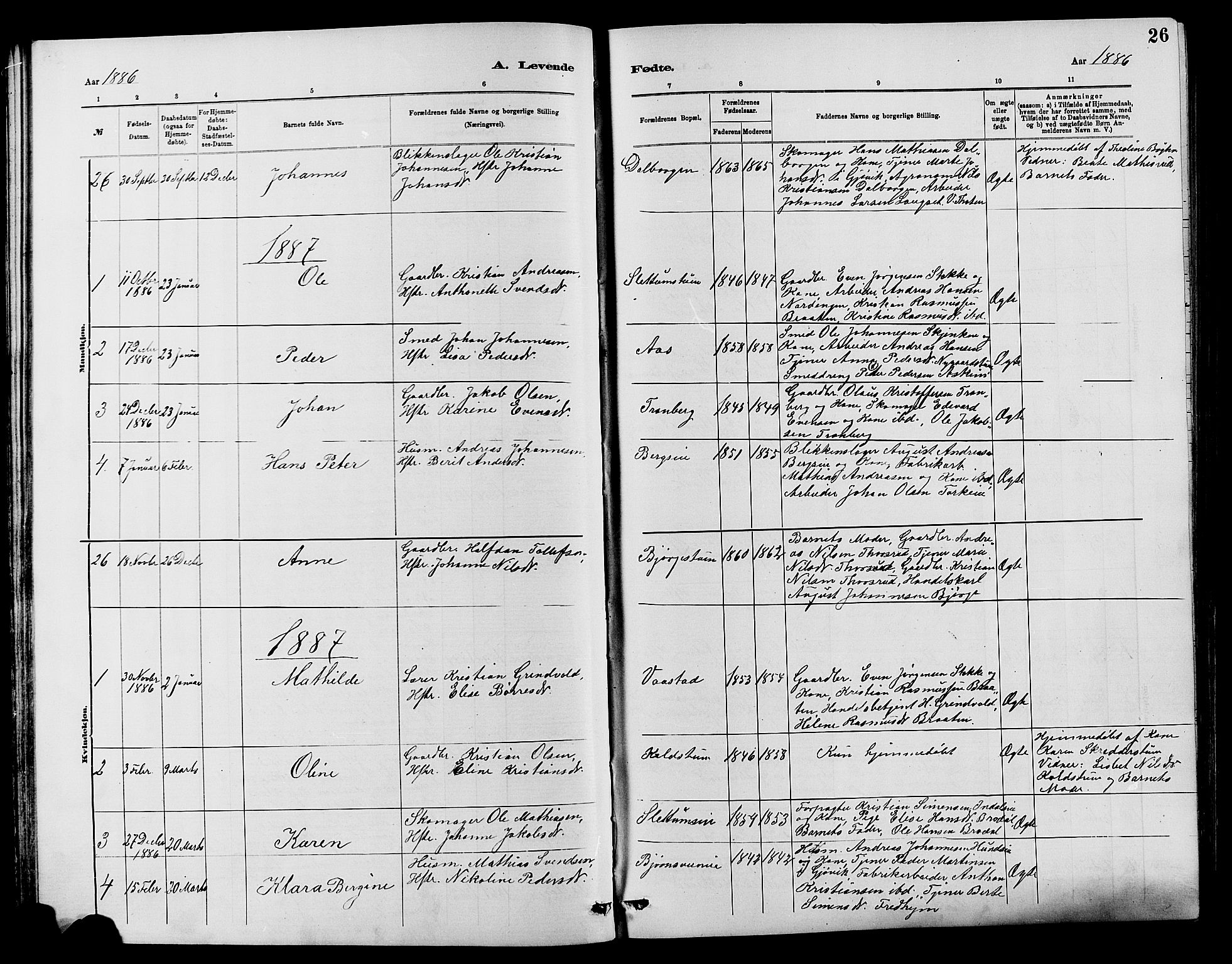 Vardal prestekontor, SAH/PREST-100/H/Ha/Hab/L0007: Parish register (copy) no. 7 /1, 1881-1895, p. 26