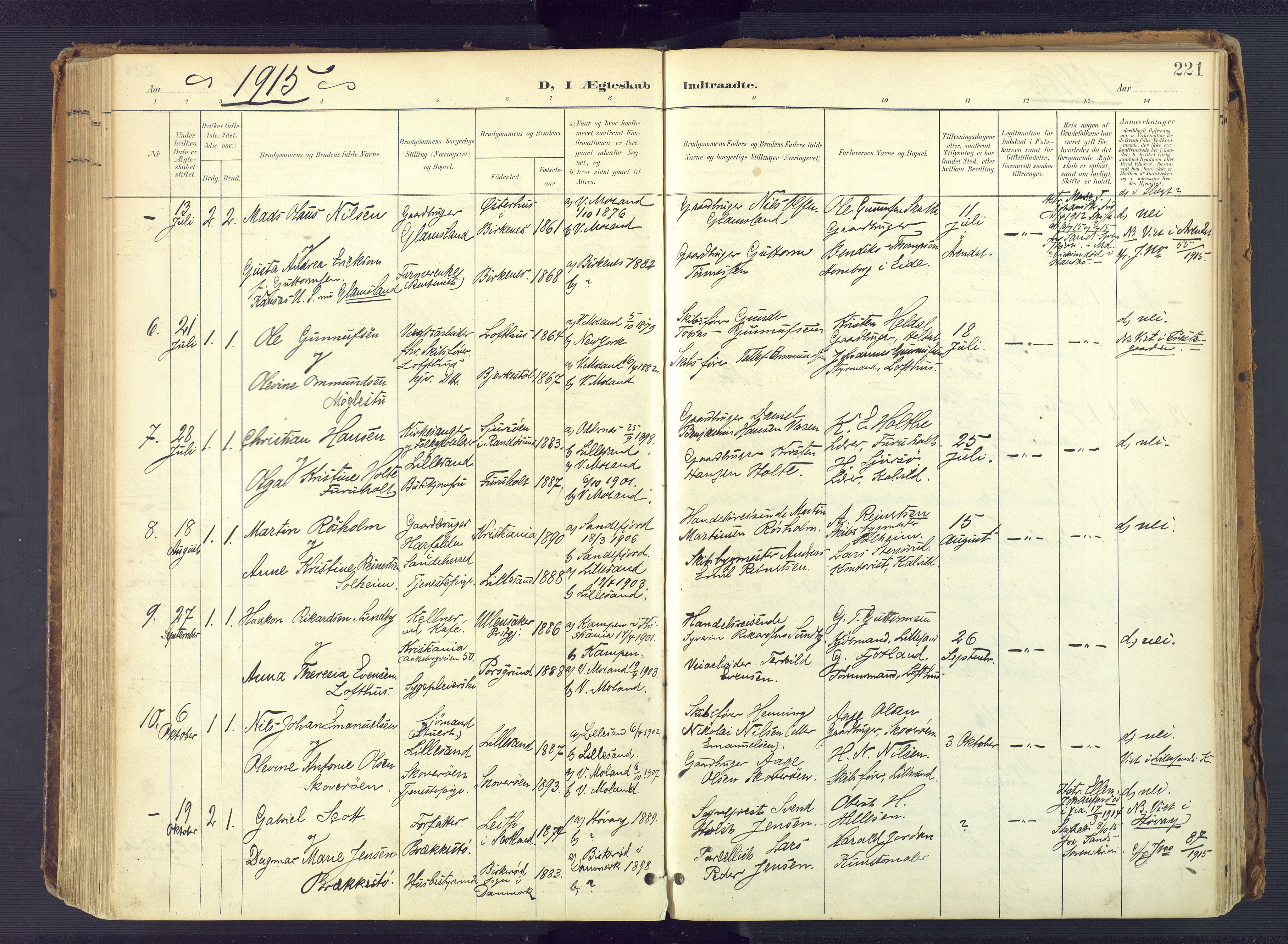 Vestre Moland sokneprestkontor, SAK/1111-0046/F/Fa/Fab/L0010: Parish register (official) no. A 10, 1900-1926, p. 221