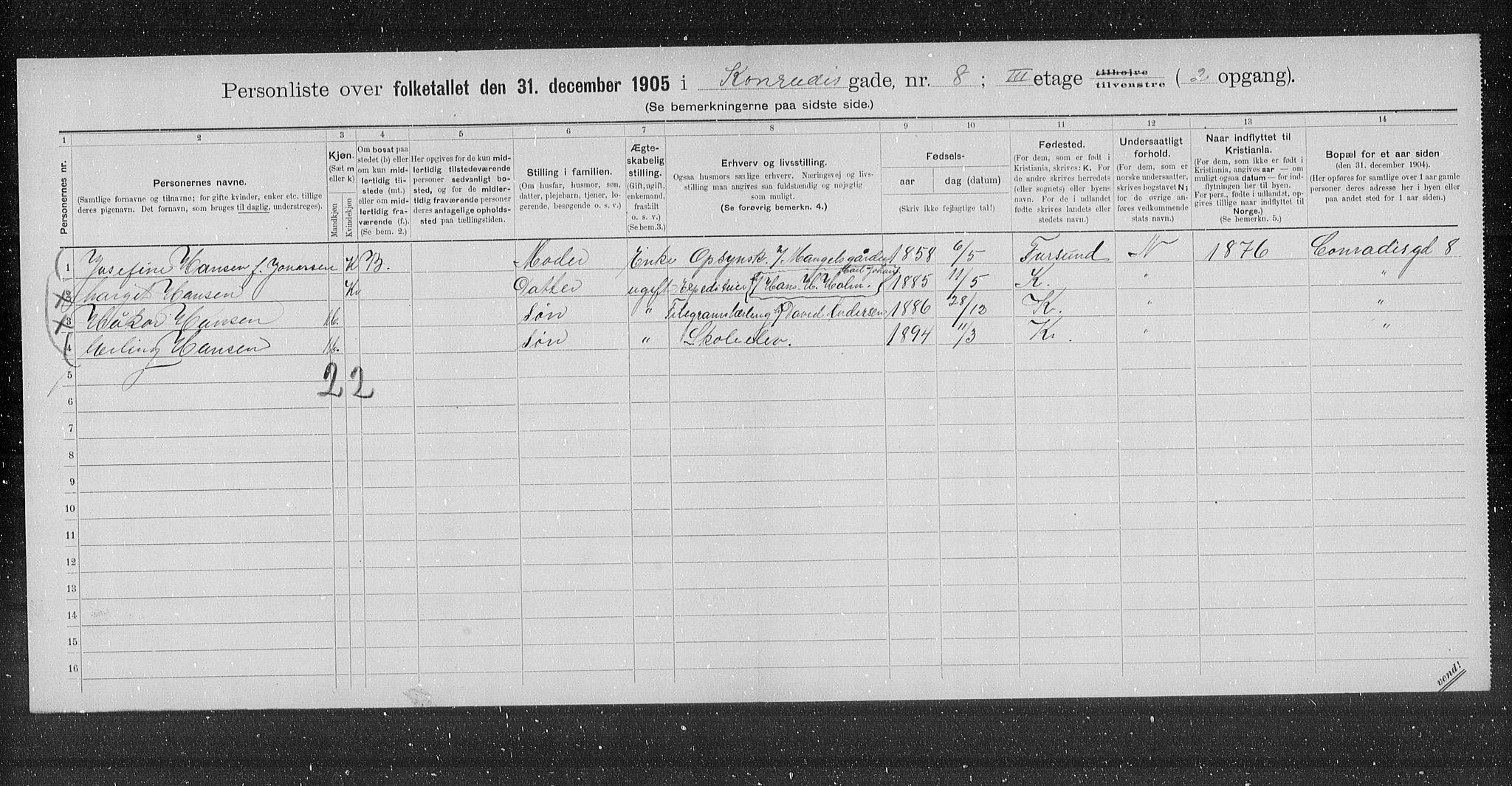 OBA, Municipal Census 1905 for Kristiania, 1905, p. 7064