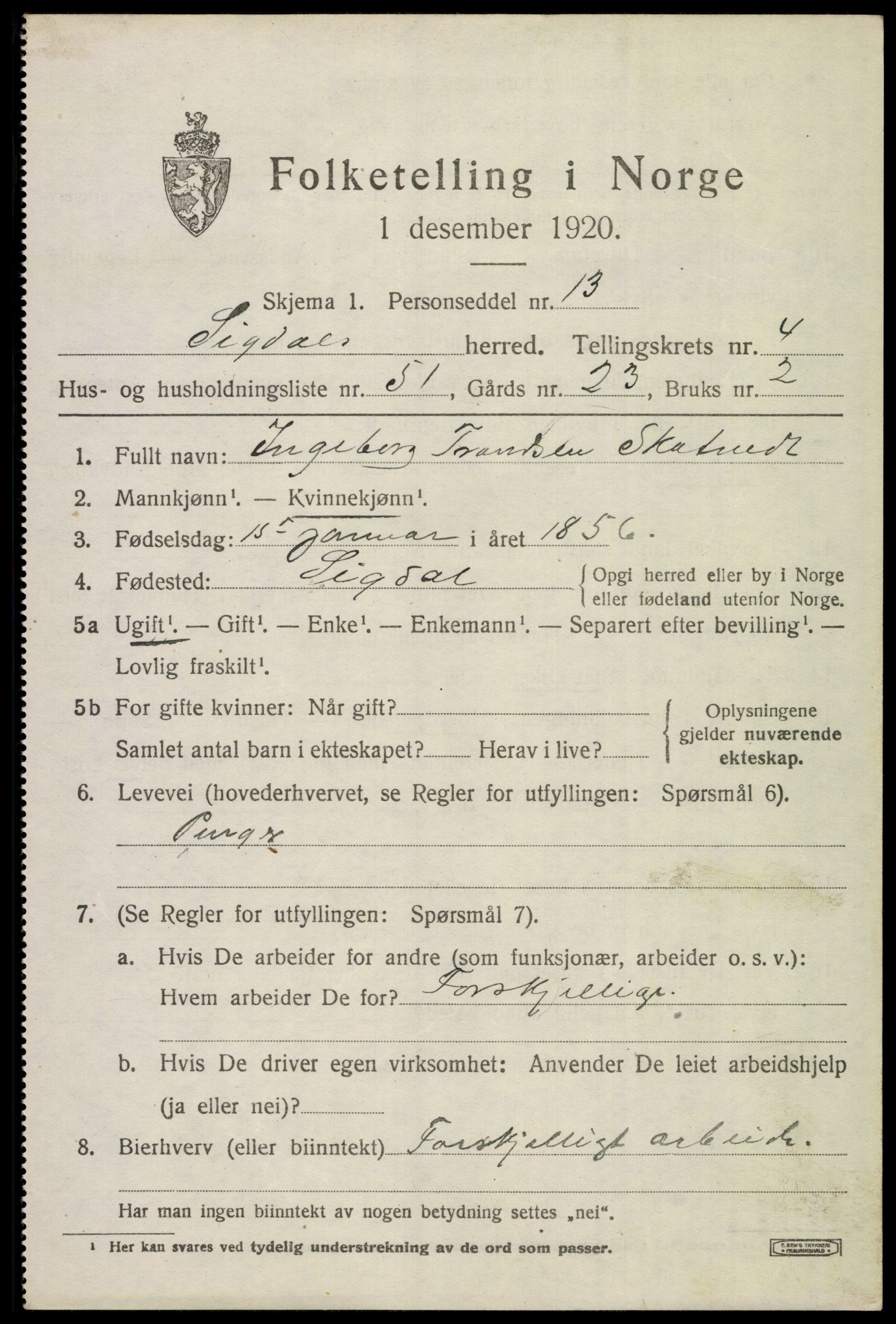 SAKO, 1920 census for Sigdal, 1920, p. 3784