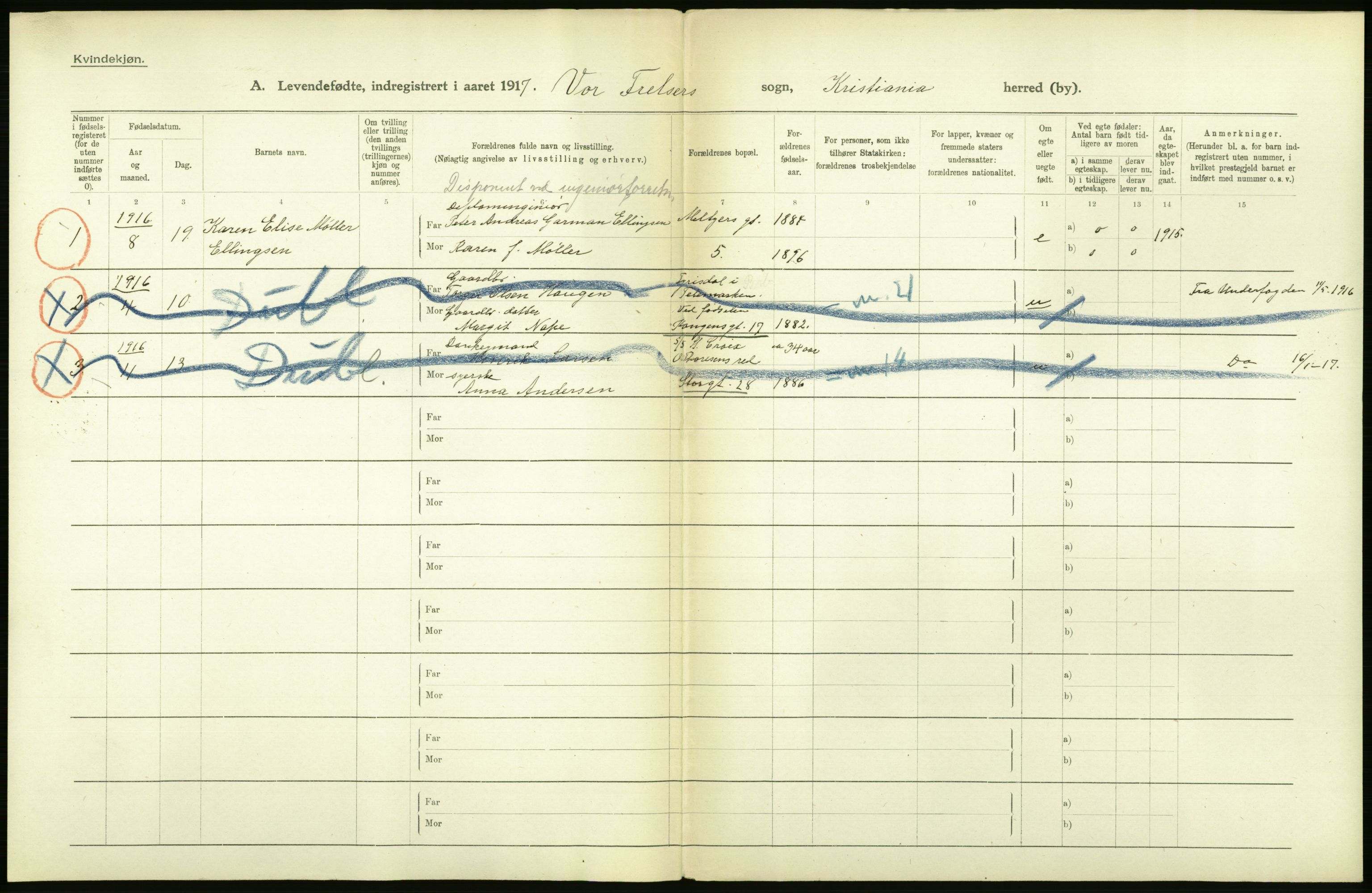 Statistisk sentralbyrå, Sosiodemografiske emner, Befolkning, AV/RA-S-2228/D/Df/Dfb/Dfbg/L0007: Kristiania: Levendefødte menn og kvinner., 1917, p. 26