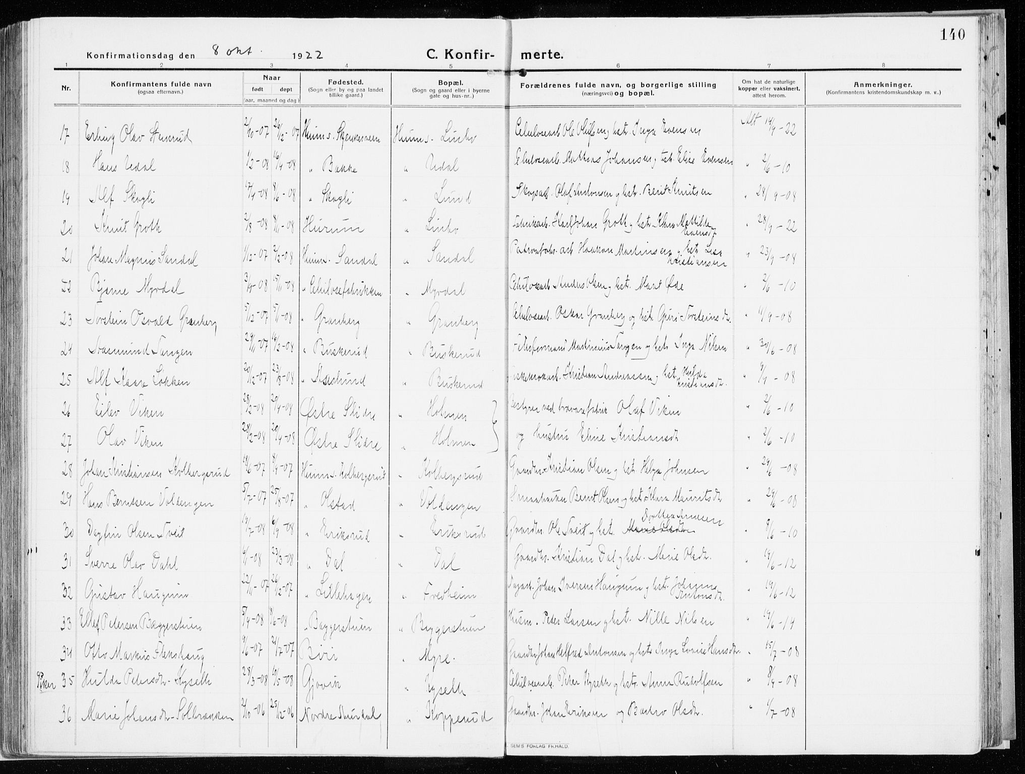 Vardal prestekontor, SAH/PREST-100/H/Ha/Haa/L0017: Parish register (official) no. 17, 1915-1929, p. 140