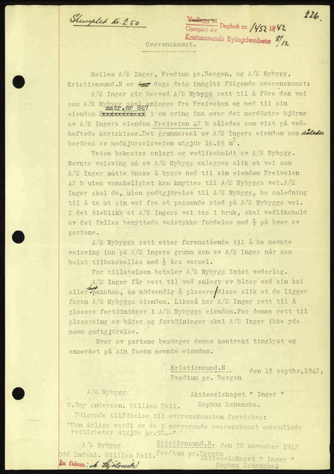 Kristiansund byfogd, SAT/A-4587/A/27: Mortgage book no. 36, 1942-1943, Diary no: : 1452/1942