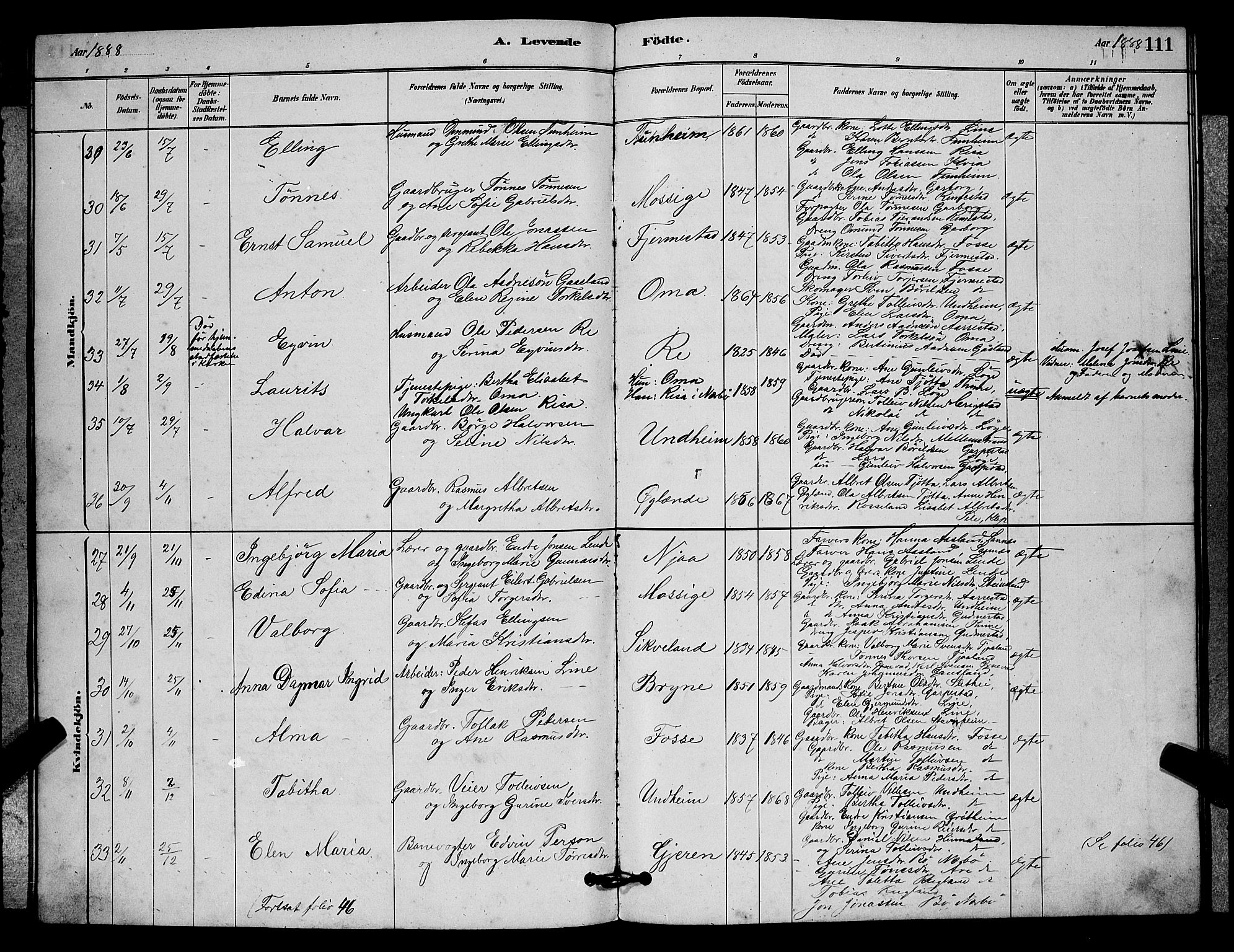 Lye sokneprestkontor, AV/SAST-A-101794/001/30BB/L0006: Parish register (copy) no. B 6, 1879-1888, p. 111