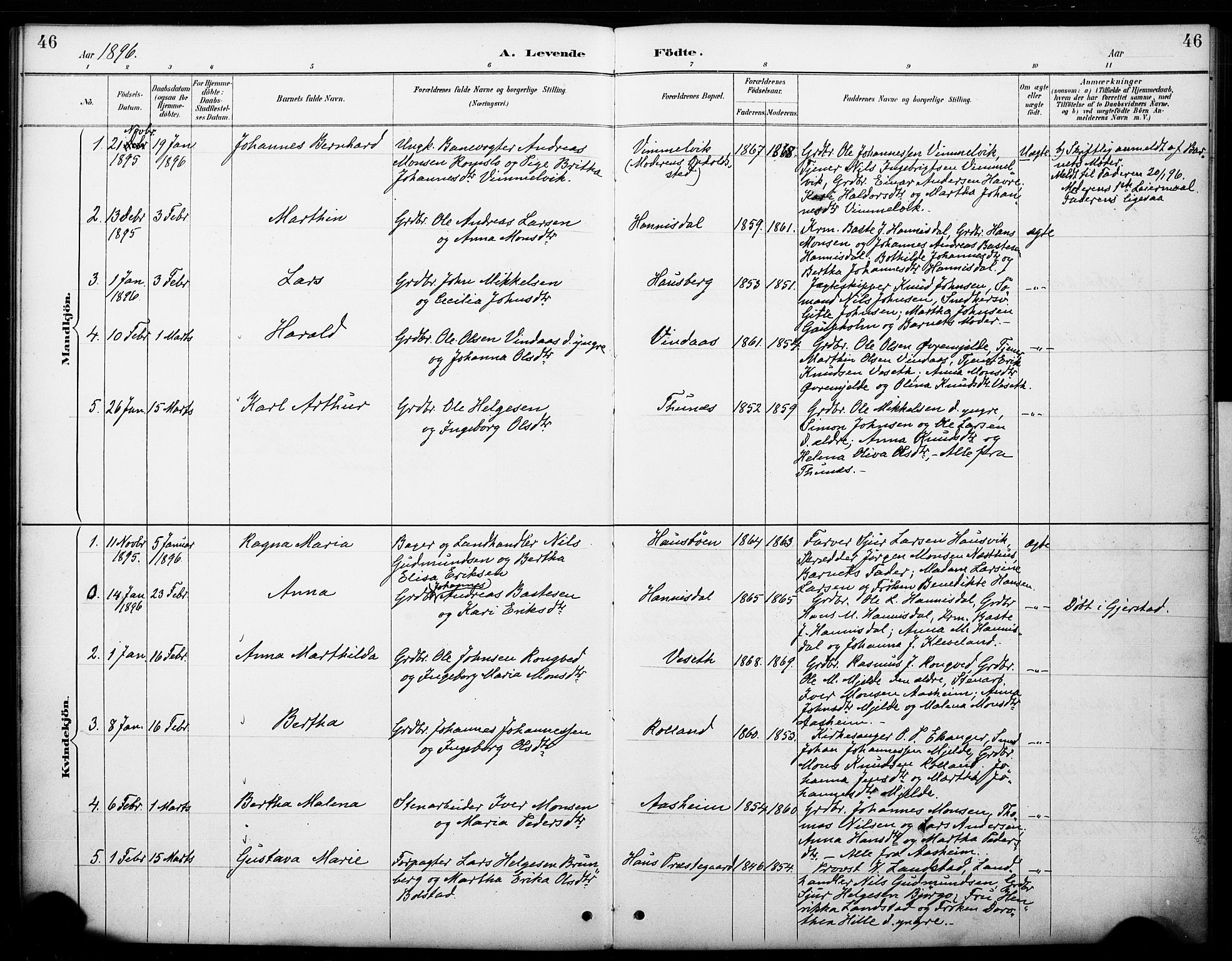Haus sokneprestembete, AV/SAB-A-75601/H/Haa: Parish register (official) no. B 1, 1887-1898, p. 46