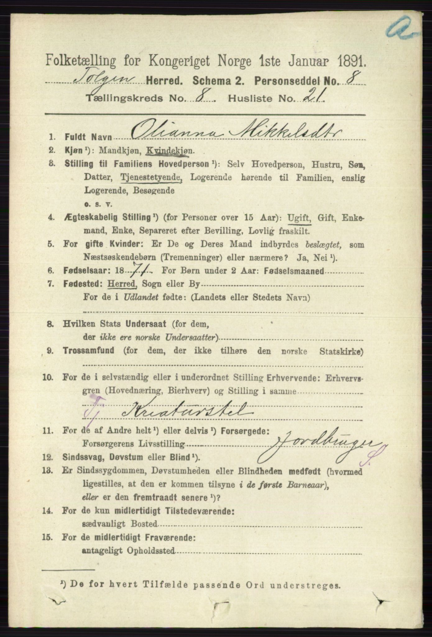 RA, 1891 census for 0436 Tolga, 1891, p. 2493