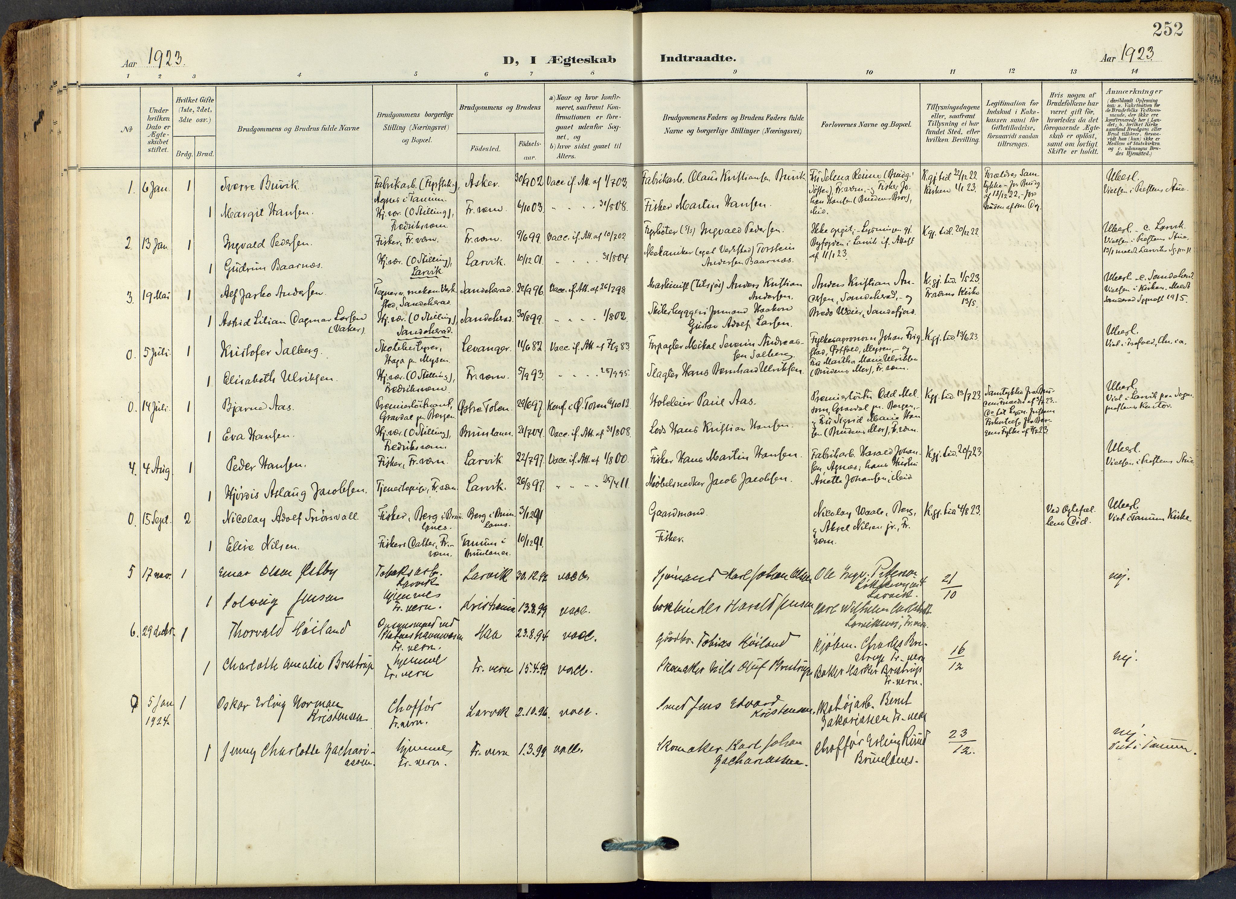 Stavern kirkebøker, SAKO/A-318/F/Fa/L0009: Parish register (official) no. 9, 1906-1955, p. 252