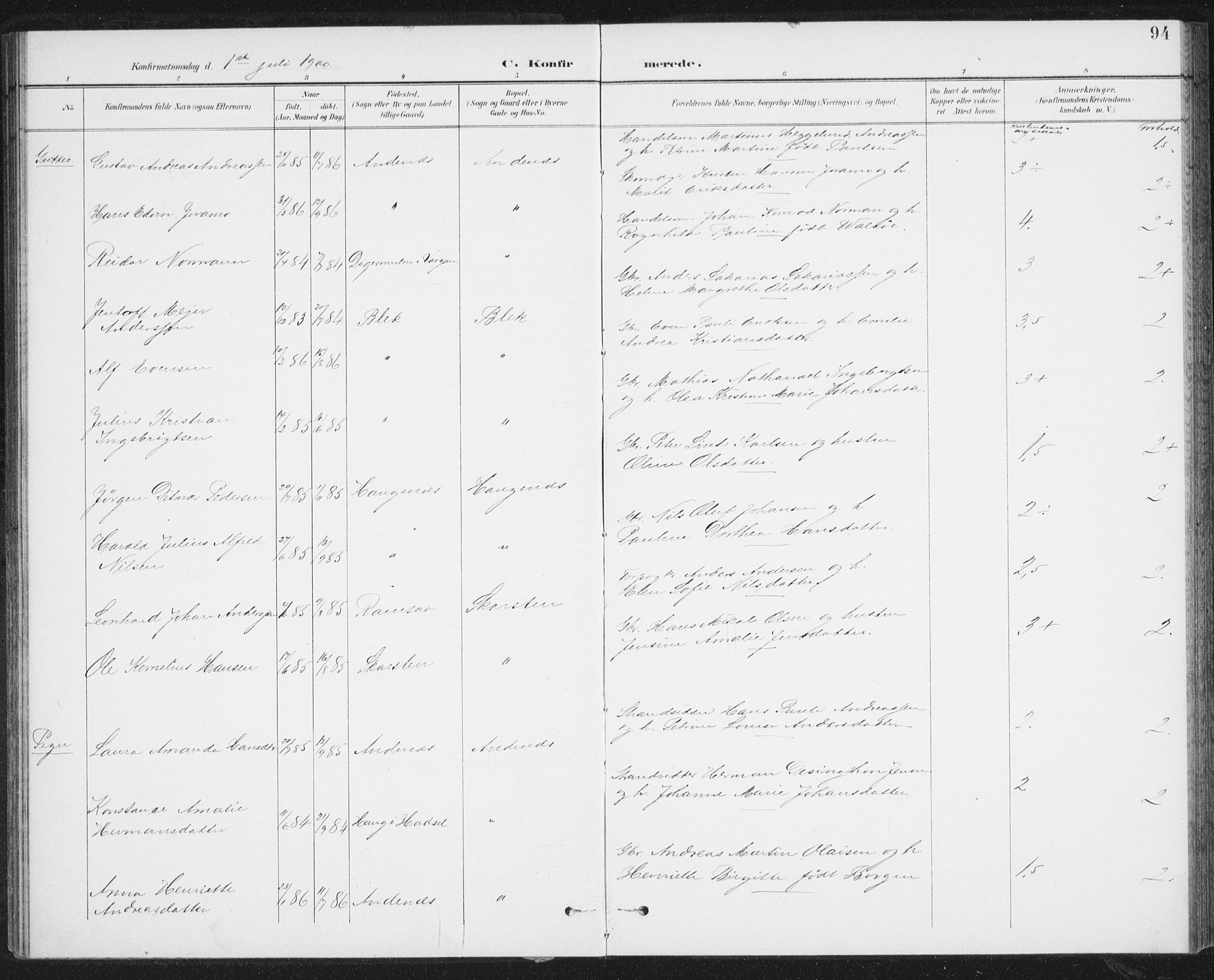 Ministerialprotokoller, klokkerbøker og fødselsregistre - Nordland, SAT/A-1459/899/L1437: Parish register (official) no. 899A05, 1897-1908, p. 94