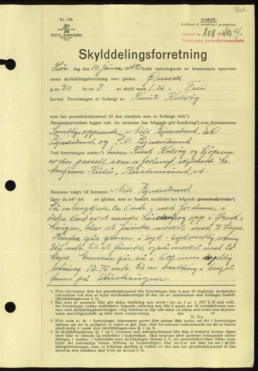 Nordmøre sorenskriveri, AV/SAT-A-4132/1/2/2Ca: Mortgage book no. A91, 1941-1942, Diary no: : 107/1942