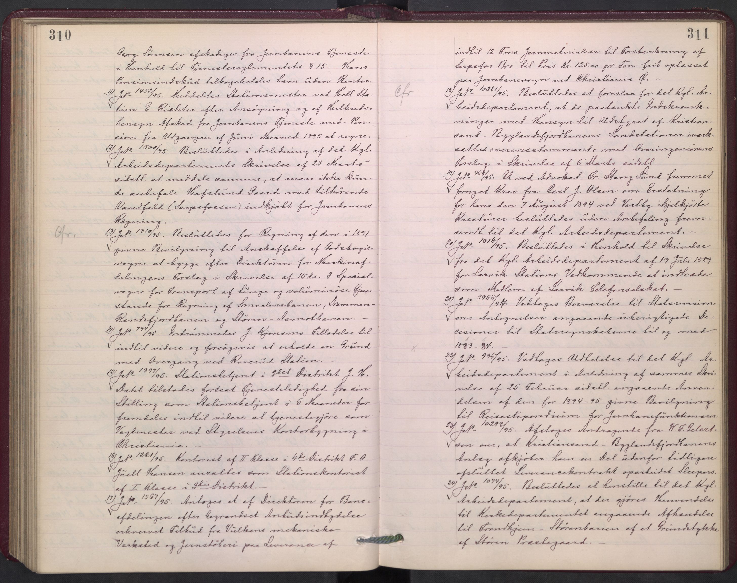 Norges statsbaner, Administrasjons- økonomi- og personalavdelingen, AV/RA-S-3412/A/Aa/L0002a: Forhandlingsprotokoll, 1893-1895, p. 310-311