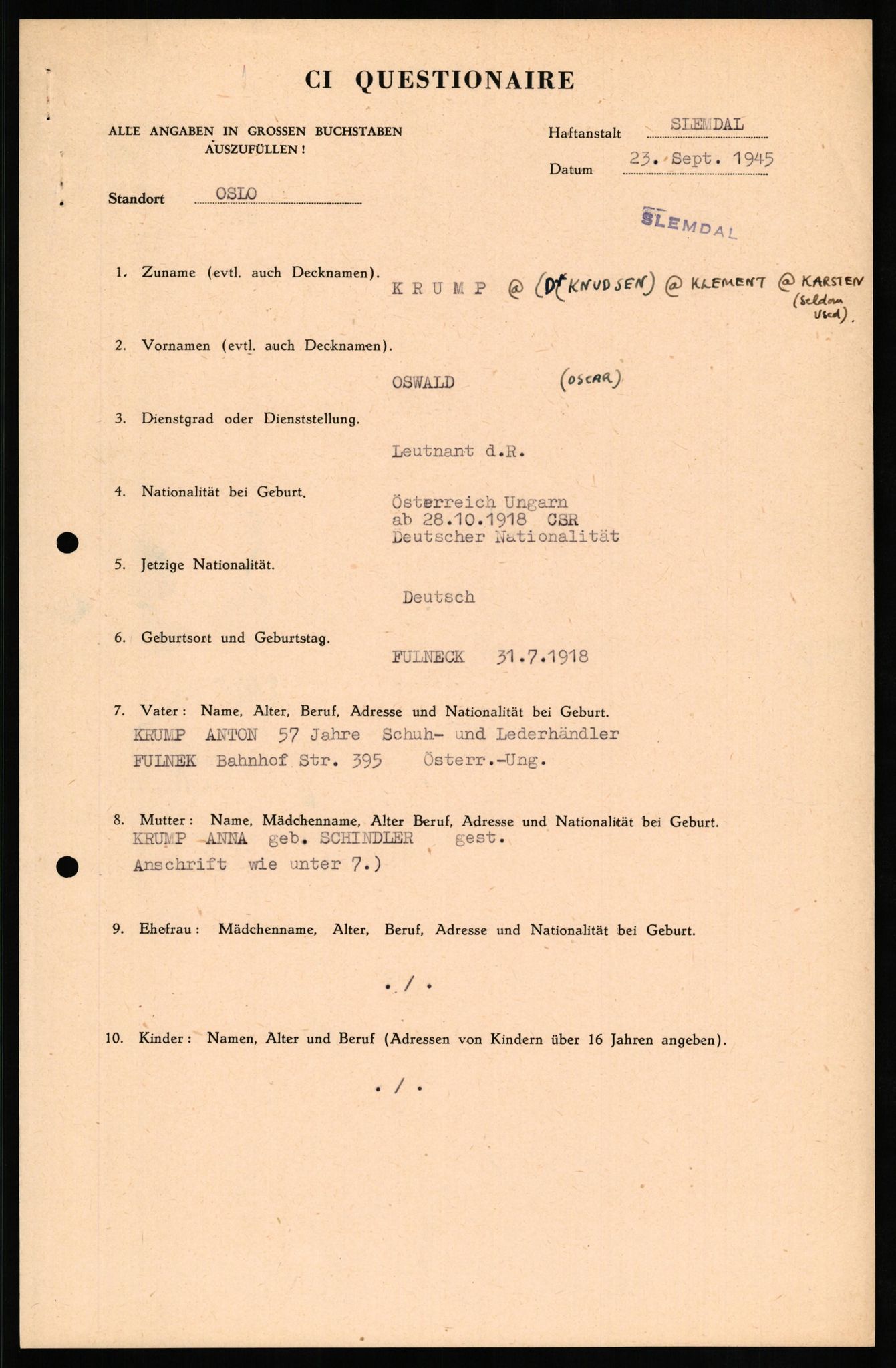 Forsvaret, Forsvarets overkommando II, AV/RA-RAFA-3915/D/Db/L0018: CI Questionaires. Tyske okkupasjonsstyrker i Norge. Tyskere., 1945-1946, p. 346