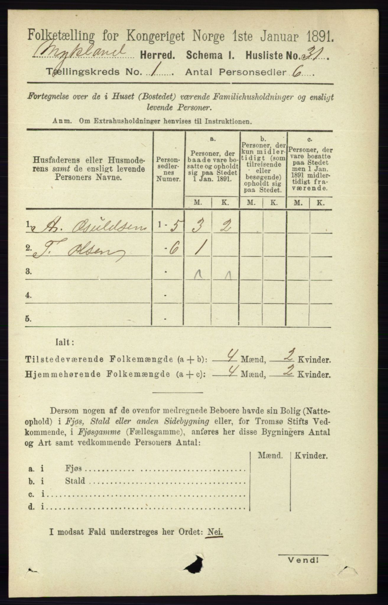 RA, 1891 census for 0932 Mykland, 1891, p. 42