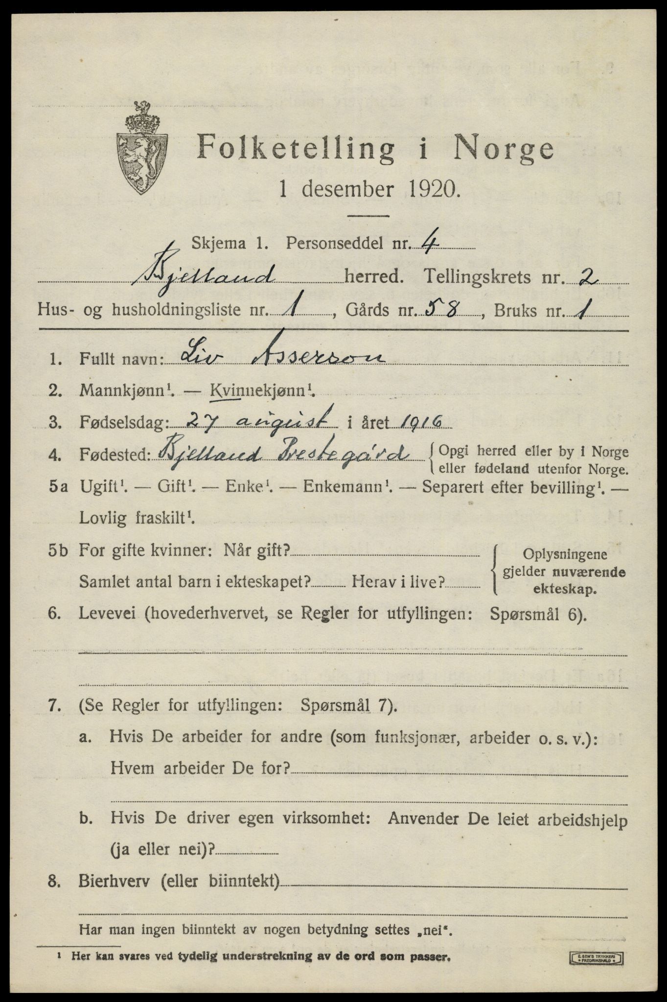 SAK, 1920 census for Bjelland, 1920, p. 709