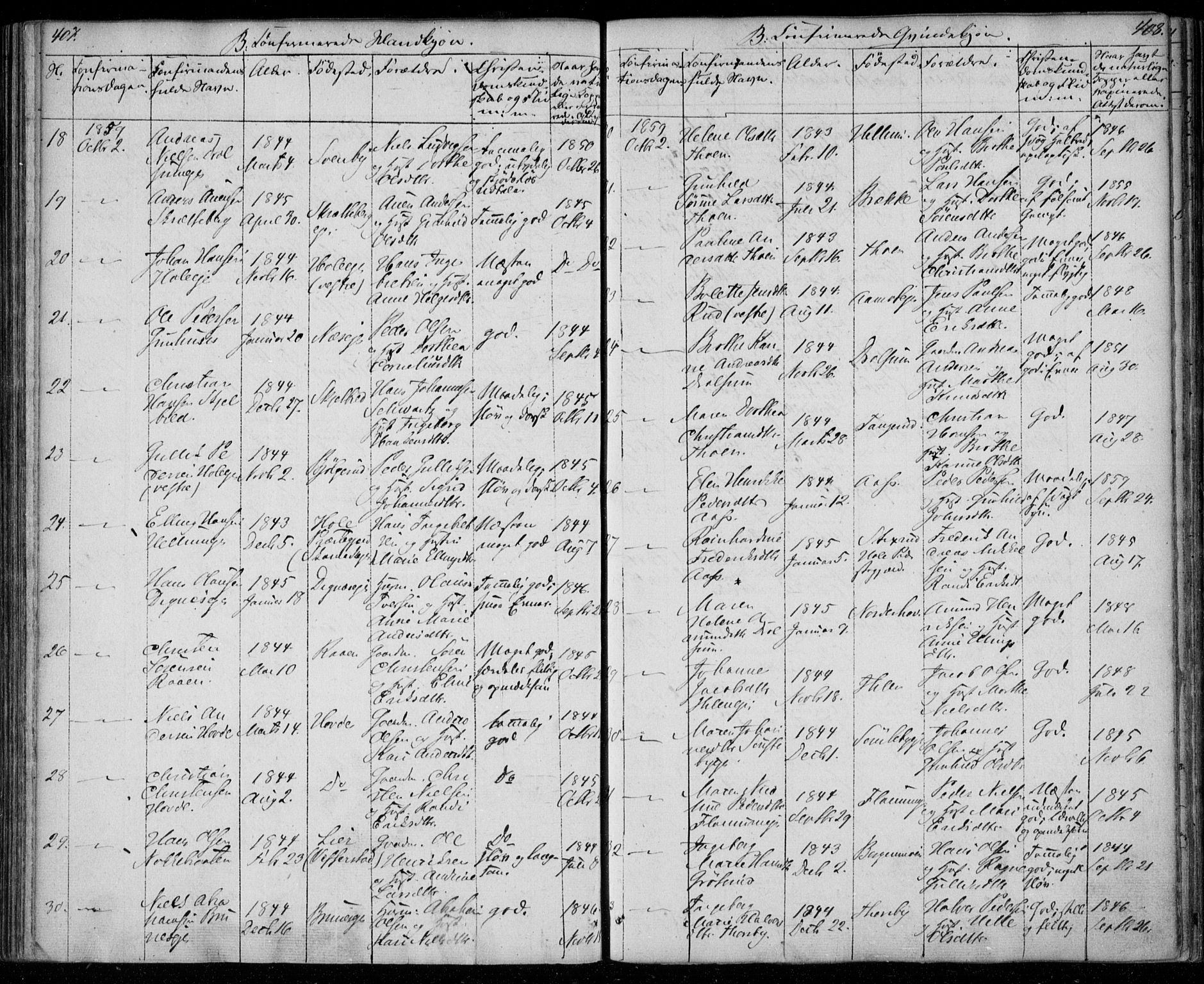 Modum kirkebøker, AV/SAKO-A-234/F/Fa/L0008: Parish register (official) no. 8, 1851-1859, p. 407-408