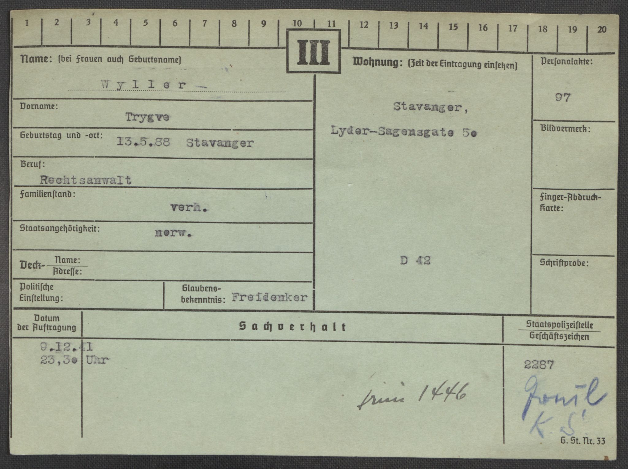 Befehlshaber der Sicherheitspolizei und des SD, RA/RAFA-5969/E/Ea/Eaa/L0010: Register over norske fanger i Møllergata 19: Sø-Å, 1940-1945, p. 1150