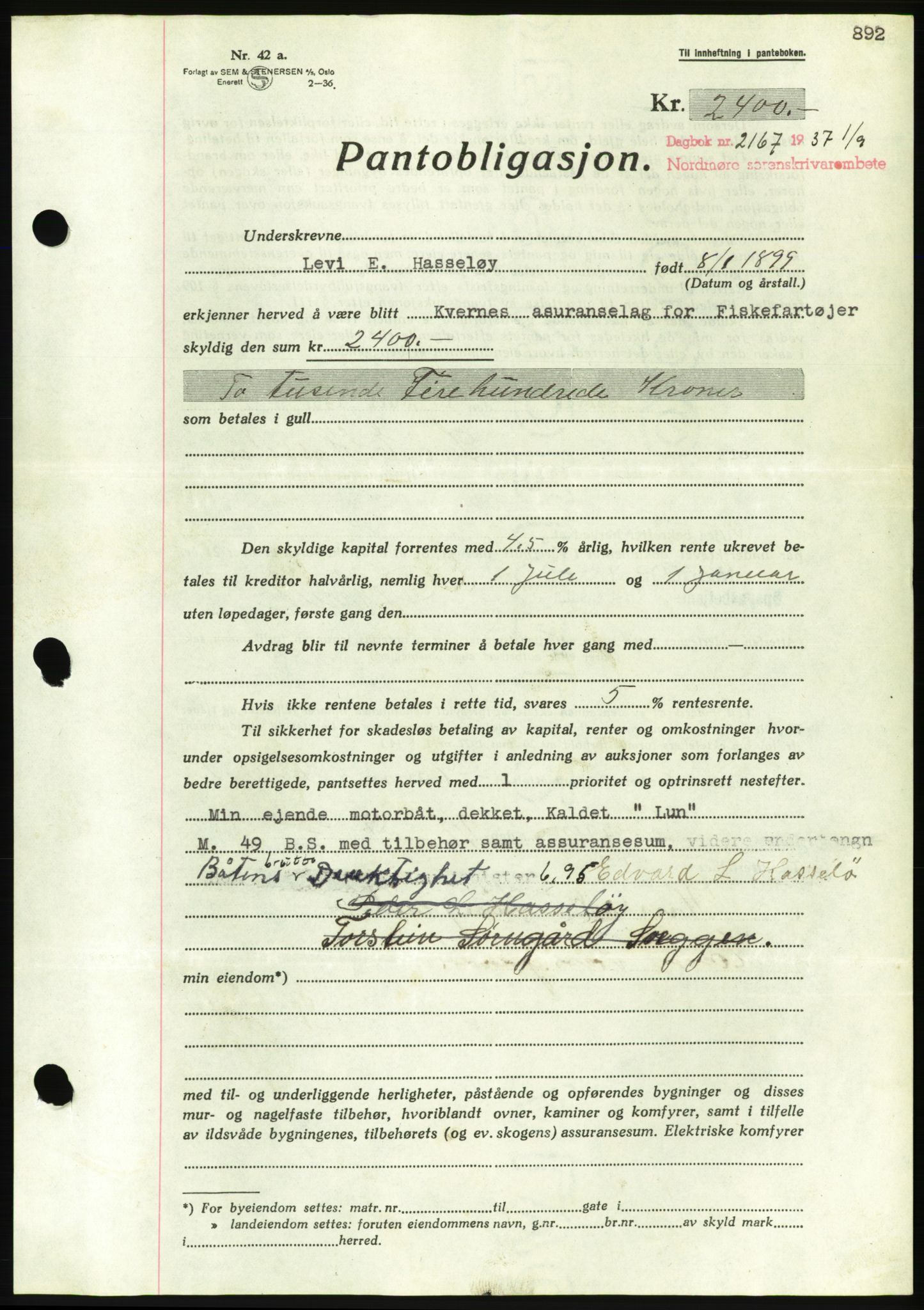 Nordmøre sorenskriveri, AV/SAT-A-4132/1/2/2Ca/L0091: Mortgage book no. B81, 1937-1937, Diary no: : 2167/1937