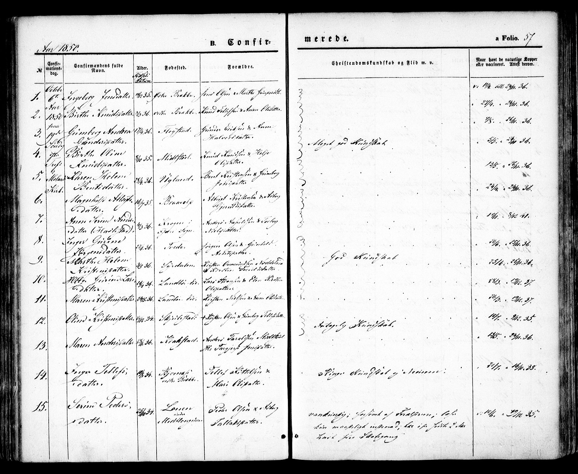Austre Moland sokneprestkontor, SAK/1111-0001/F/Fa/Faa/L0007: Parish register (official) no. A 7, 1847-1857, p. 57