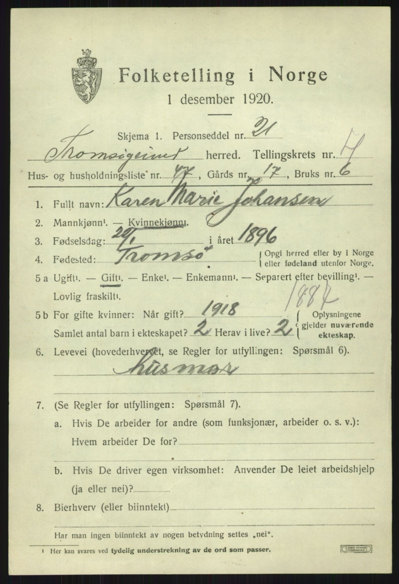 SATØ, 1920 census for Tromsøysund, 1920, p. 3844