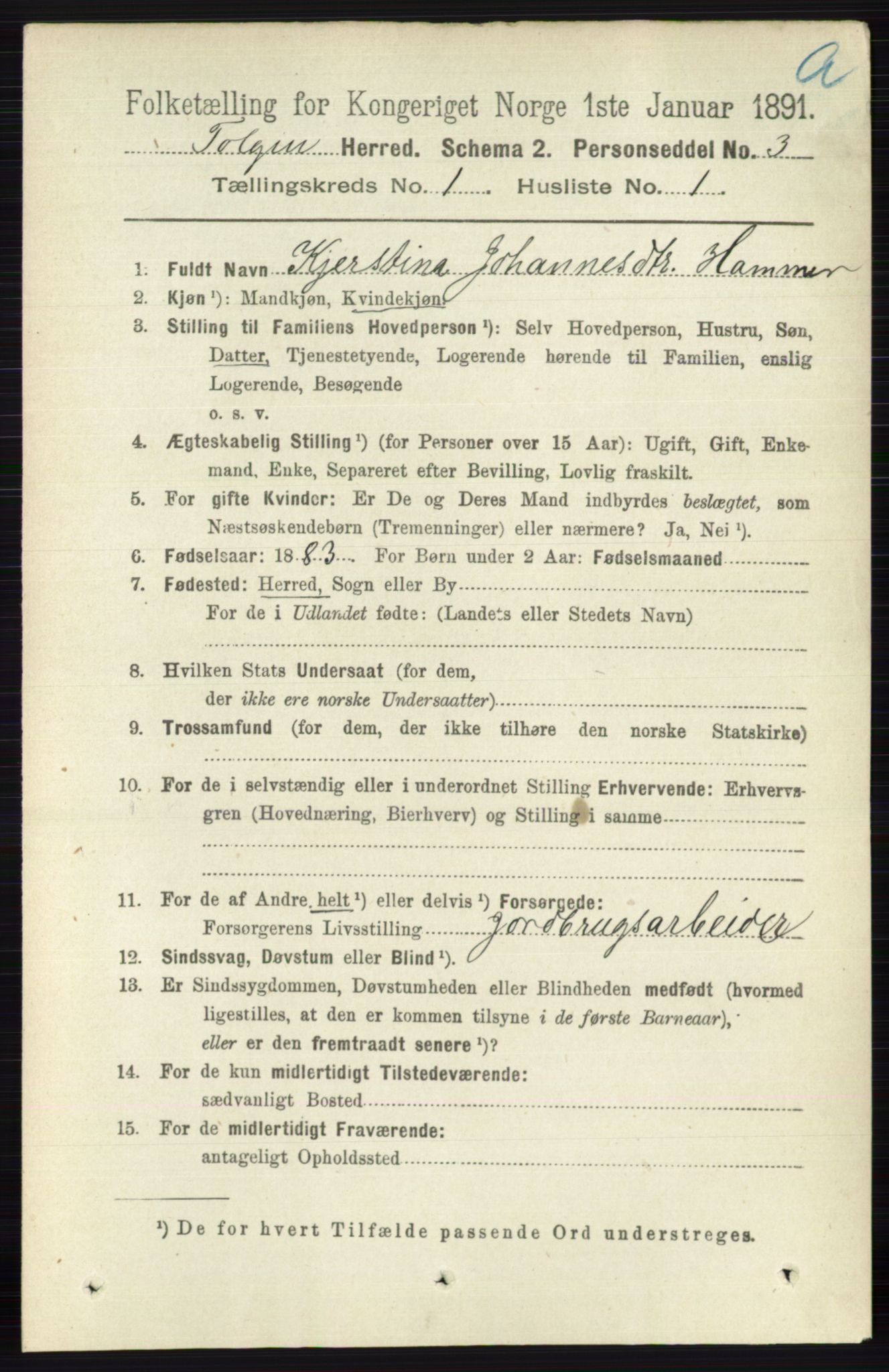 RA, 1891 census for 0436 Tolga, 1891, p. 73