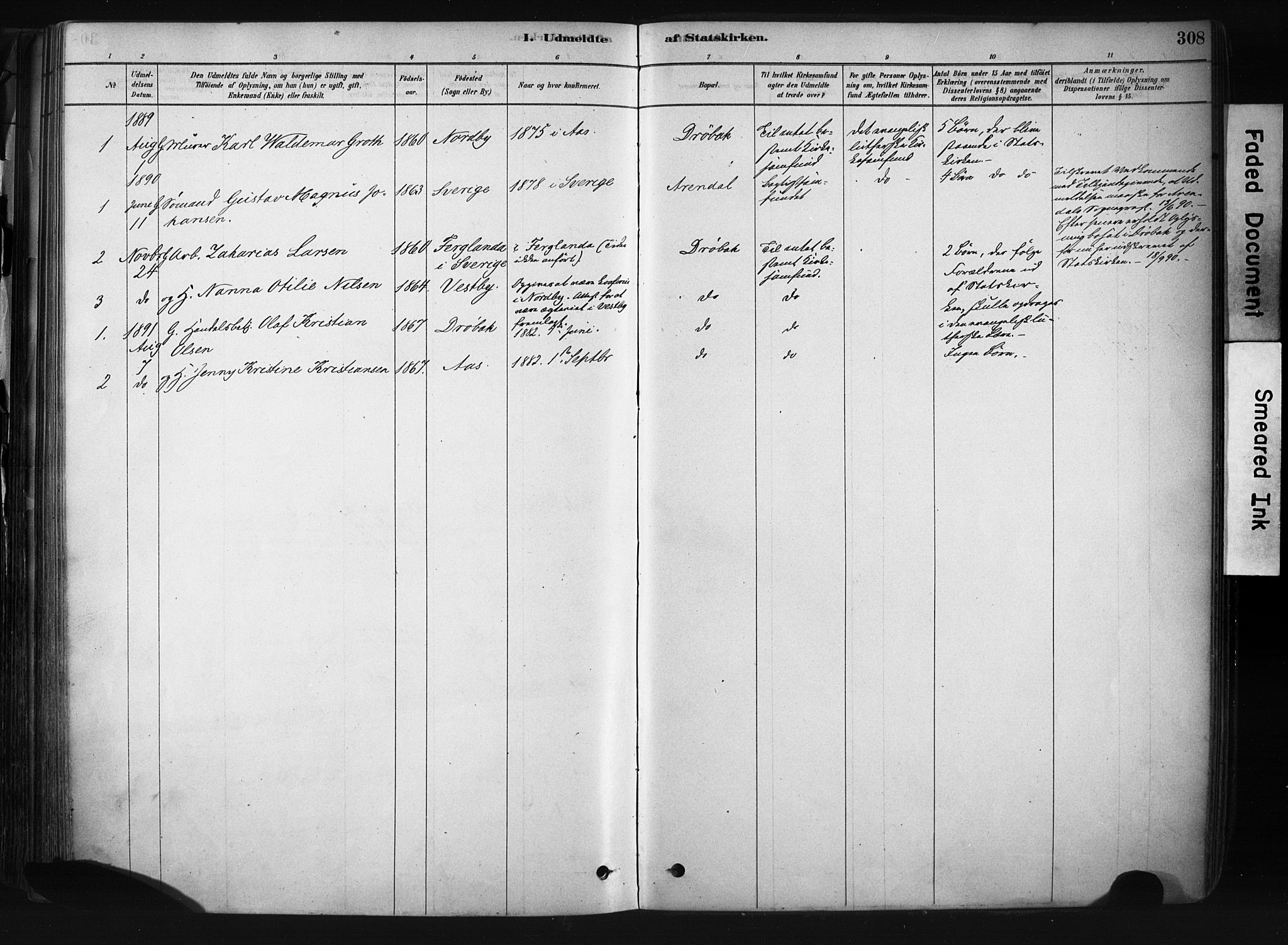 Drøbak prestekontor Kirkebøker, AV/SAO-A-10142a/F/Fb/L0001: Parish register (official) no. II 1, 1878-1891, p. 308