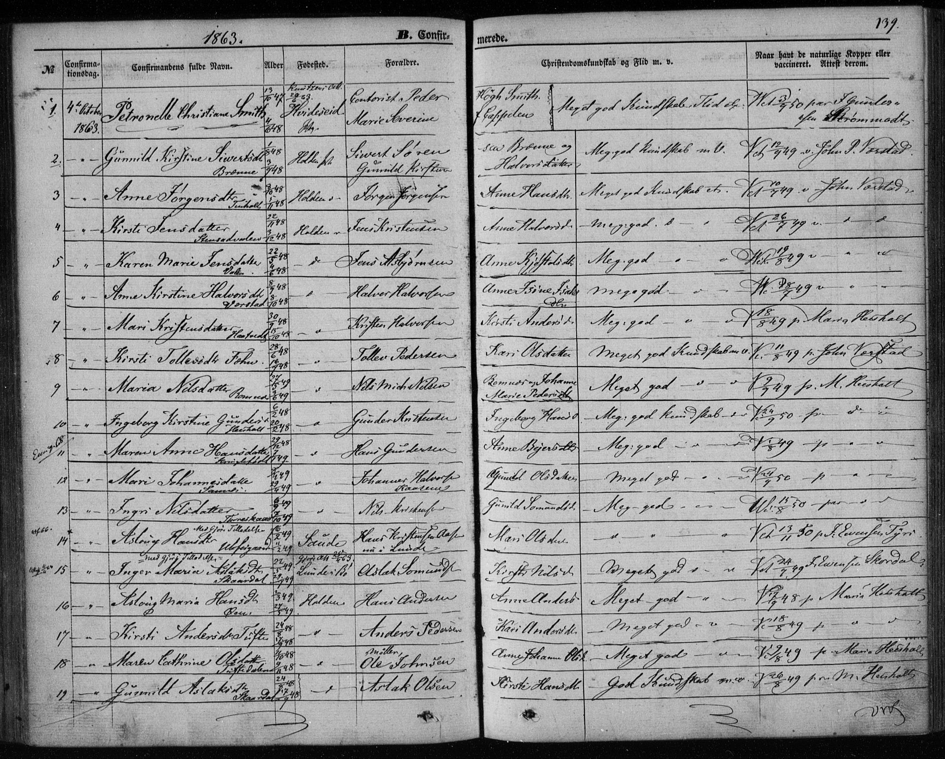 Holla kirkebøker, AV/SAKO-A-272/F/Fa/L0006: Parish register (official) no. 6, 1861-1869, p. 139