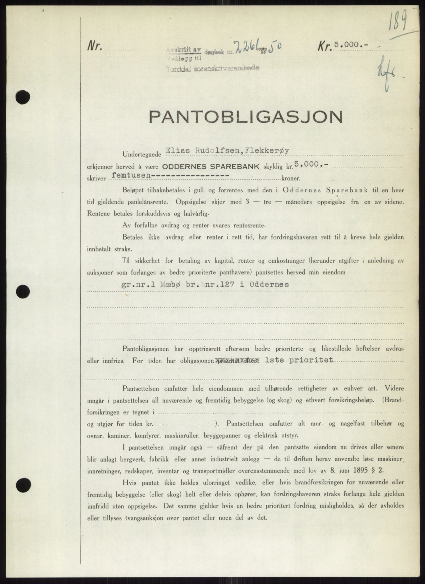 Torridal sorenskriveri, AV/SAK-1221-0012/G/Gb/Gbb/L0020: Mortgage book no. 63B, 1950-1950, Diary no: : 2261/1950