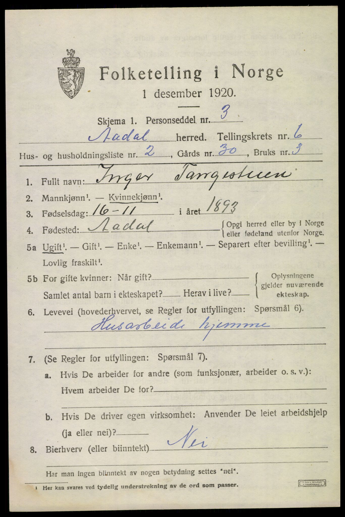 SAKO, 1920 census for Ådal, 1920, p. 4636