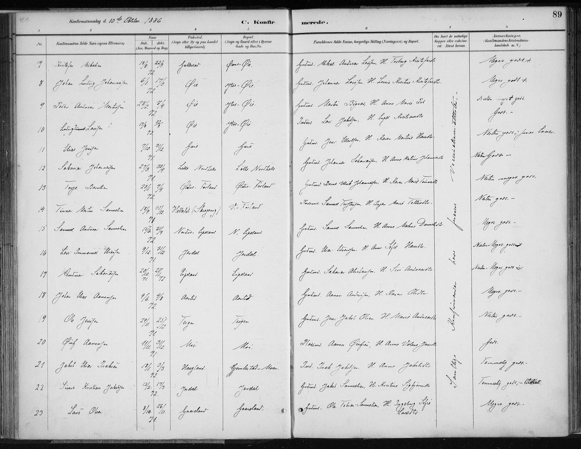 Kvinesdal sokneprestkontor, AV/SAK-1111-0026/F/Fa/Fab/L0008: Parish register (official) no. A 8, 1886-1897, p. 89