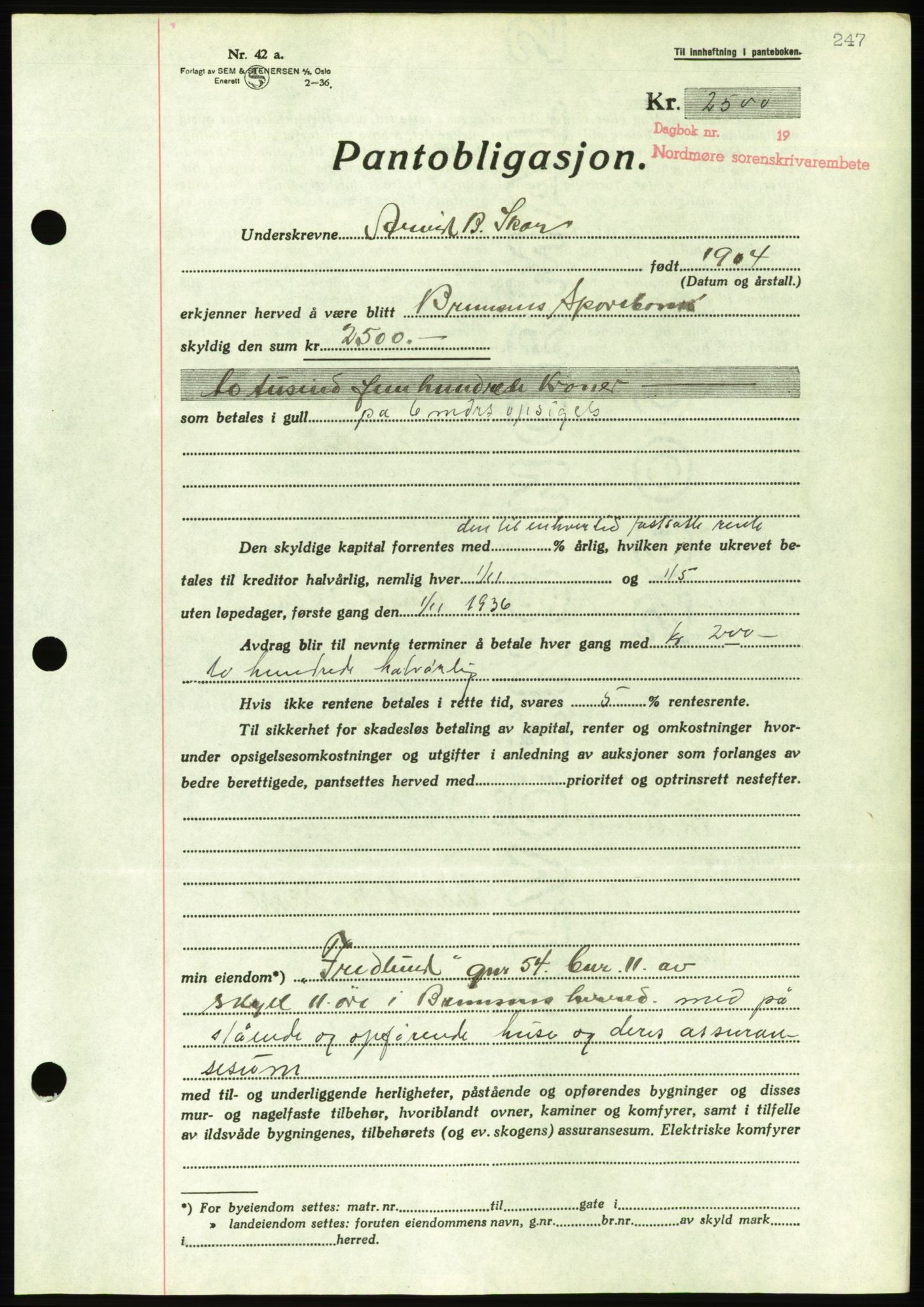 Nordmøre sorenskriveri, AV/SAT-A-4132/1/2/2Ca/L0090: Mortgage book no. B80, 1936-1937, Diary no: : 2360/1936