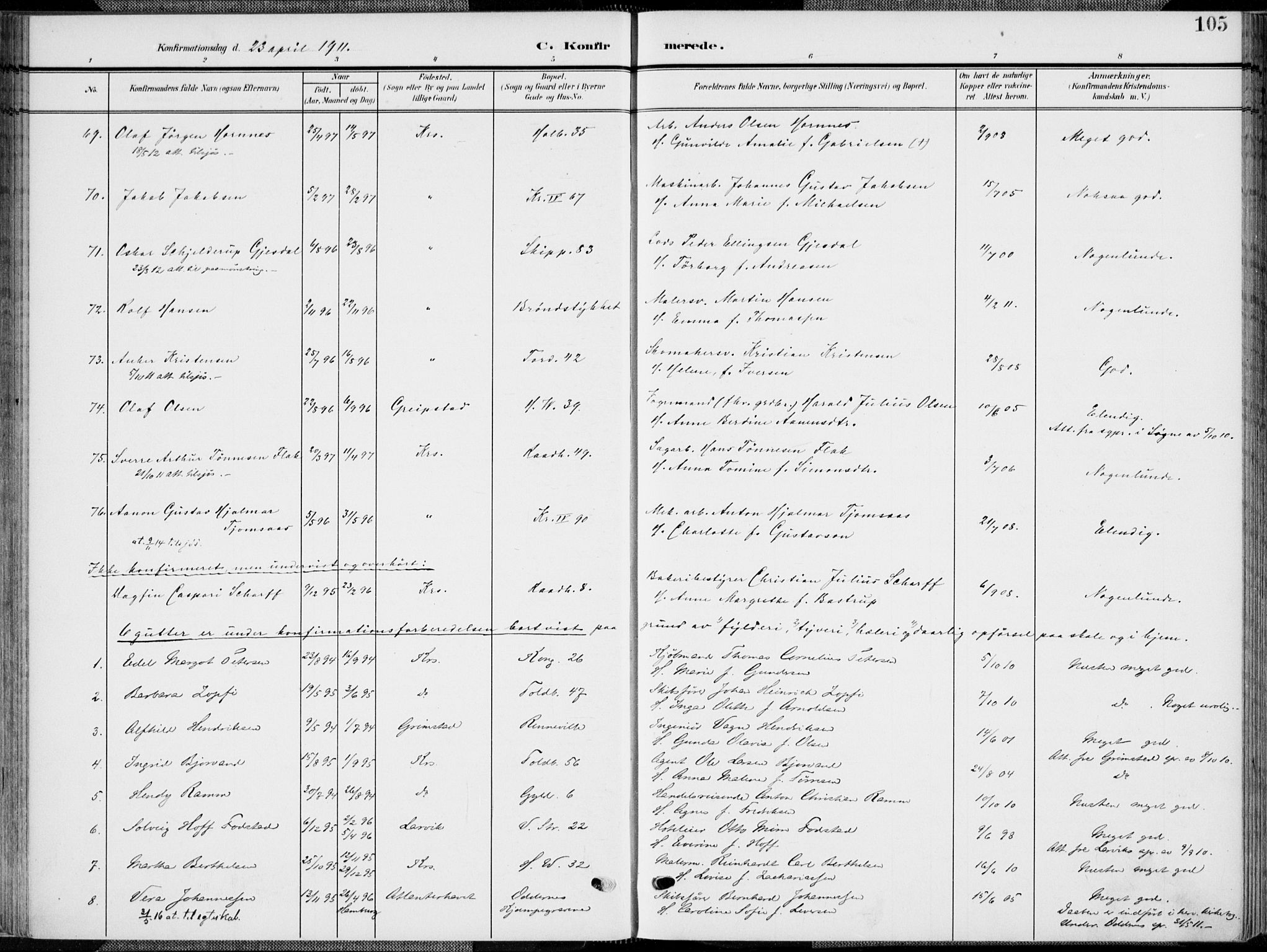 Kristiansand domprosti, SAK/1112-0006/F/Fa/L0022: Parish register (official) no. A 21, 1905-1916, p. 105